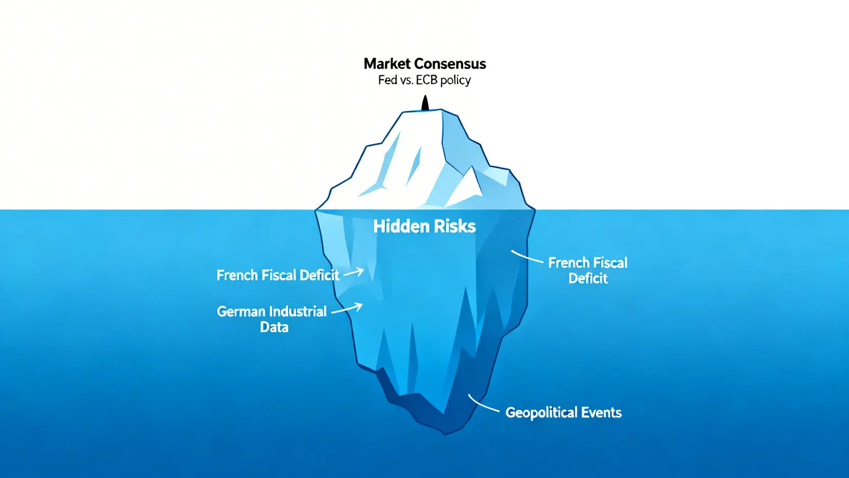 市場共識與潛在風險的冰山模型示意圖,顯示Fed與ECB政策分歧是表面共識,而法國財政與德國工業數據是潛藏風險。