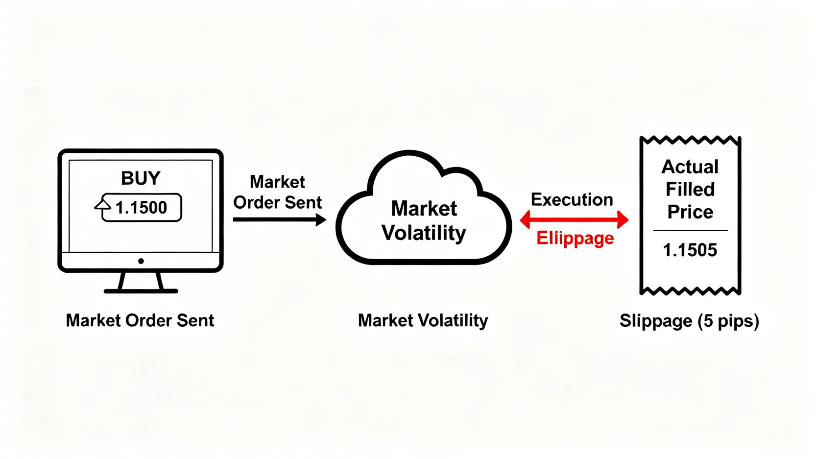 交易滑點概念示意圖,顯示預期成交價1.1500與實際成交價1.1505之間的差異,此差異即為滑點。