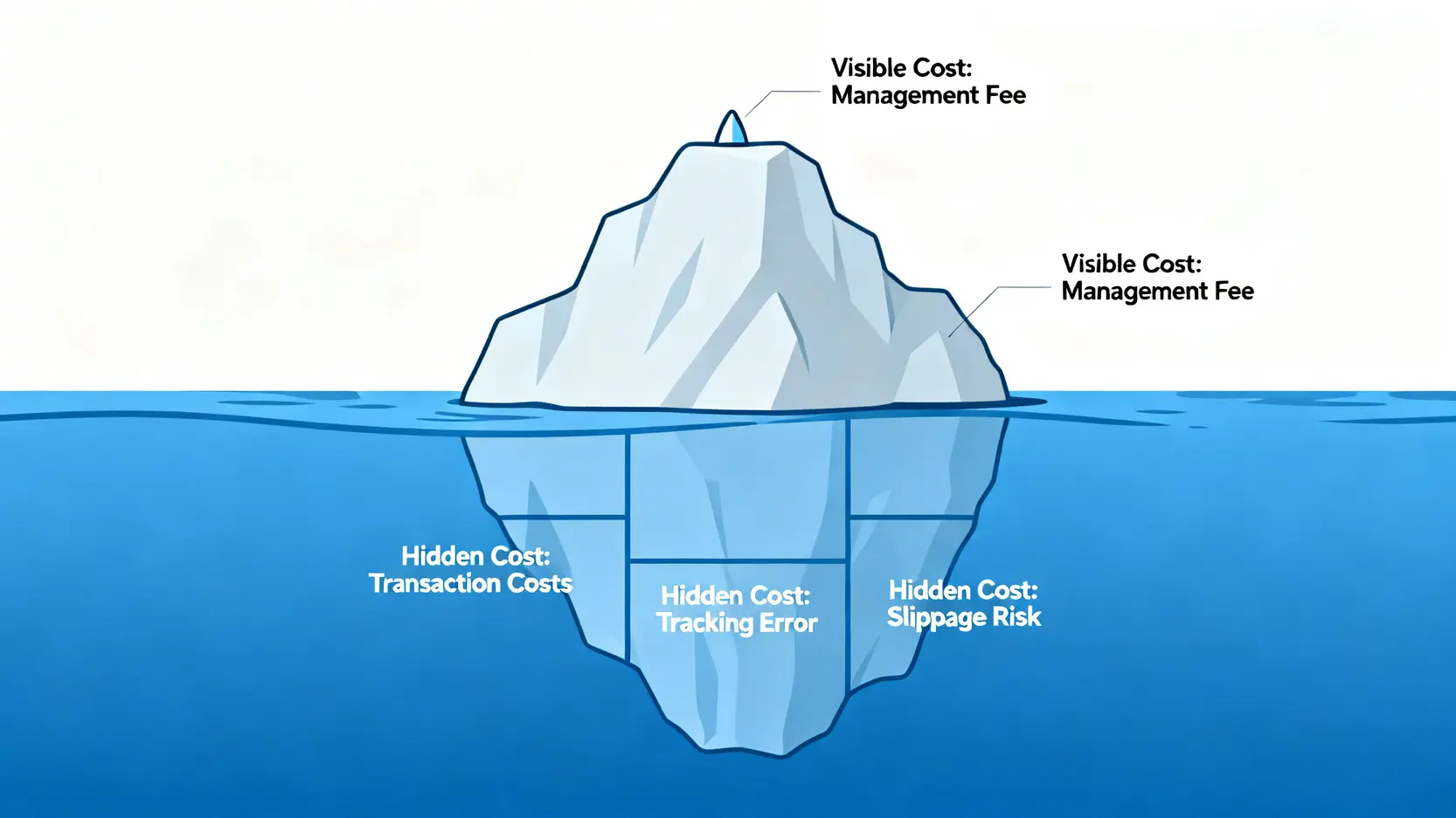 ETF總持有成本冰山圖,顯示可見的管理費只是冰山一角,水面下隱藏著交易成本、追蹤誤差和滑價風險等更大成本。