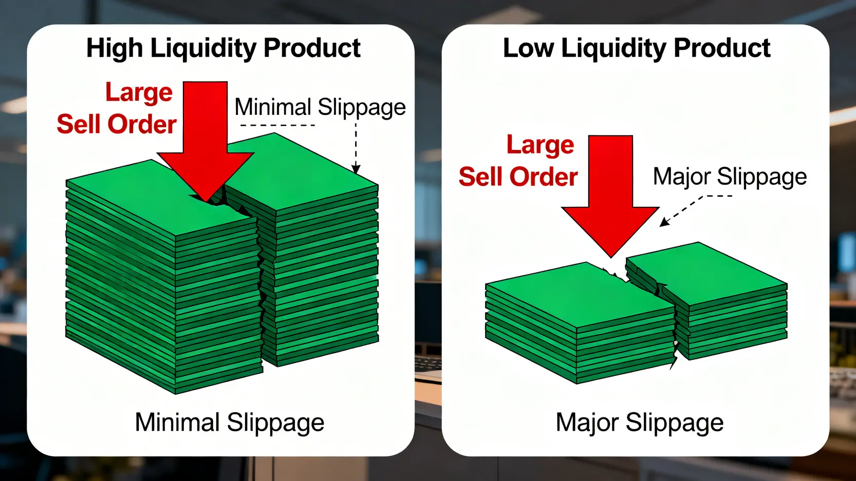 交易滑價示意圖,對比高流動性與低流動性ETF。大額賣單在高流動性產品中滑價極小,但在低流動性產品中造成巨大滑價損失。