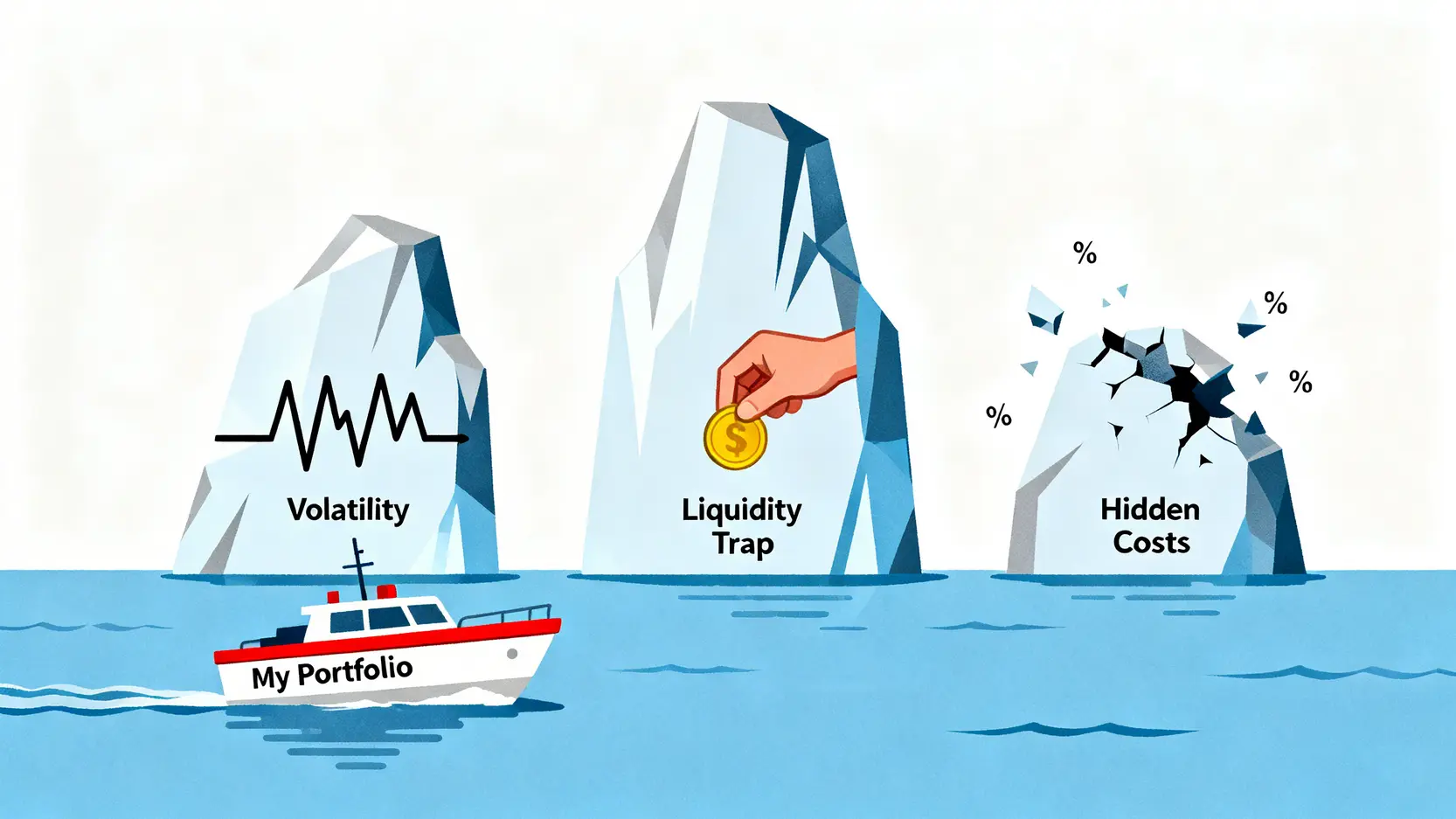 三個代表投資風險的冰山:波動性、流動性陷阱與隱藏成本,一艘投資組合的小船正試圖避開它們。