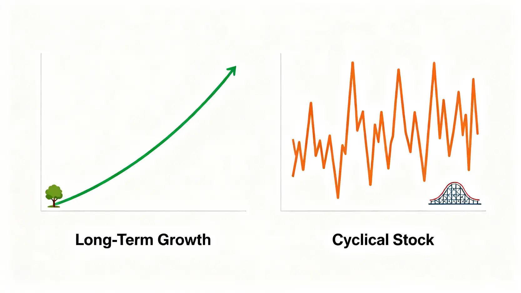 長期成長股與景氣循環股的股價趨勢對比圖,前者穩定上升,後者劇烈波動。