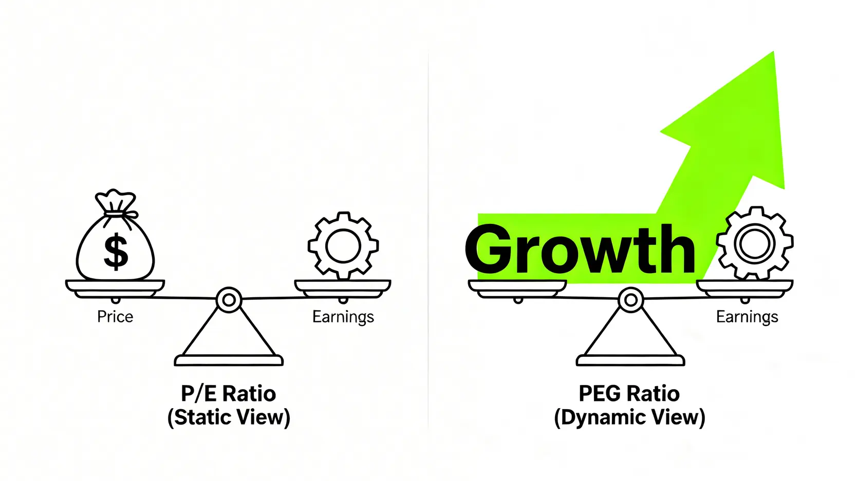 一張圖表對比P/E本益比和PEG本益成長比的區別,突顯PEG將未來成長性納入考量。