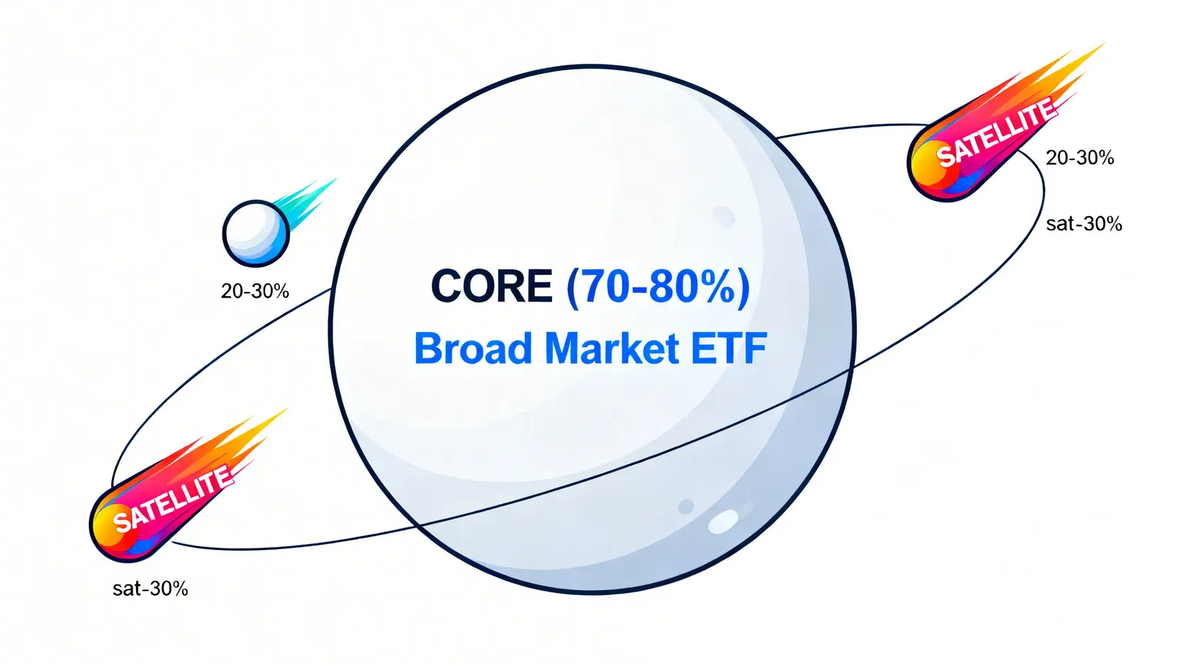 核心衛星投資策略示意圖,一個大型穩定的核心資產(ETF)佔70-80%,周圍環繞著幾個小型高成長的衛星資產(個股)。