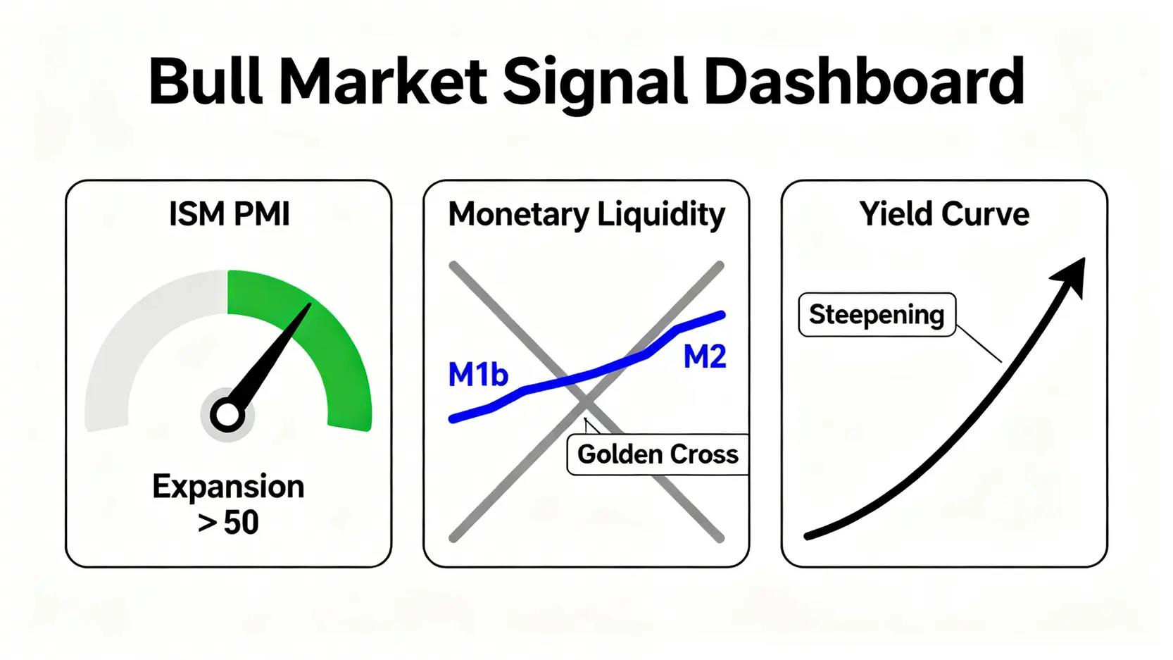 一個展示判斷牛市位置的三大領先經濟指標的儀表板,包含ISM