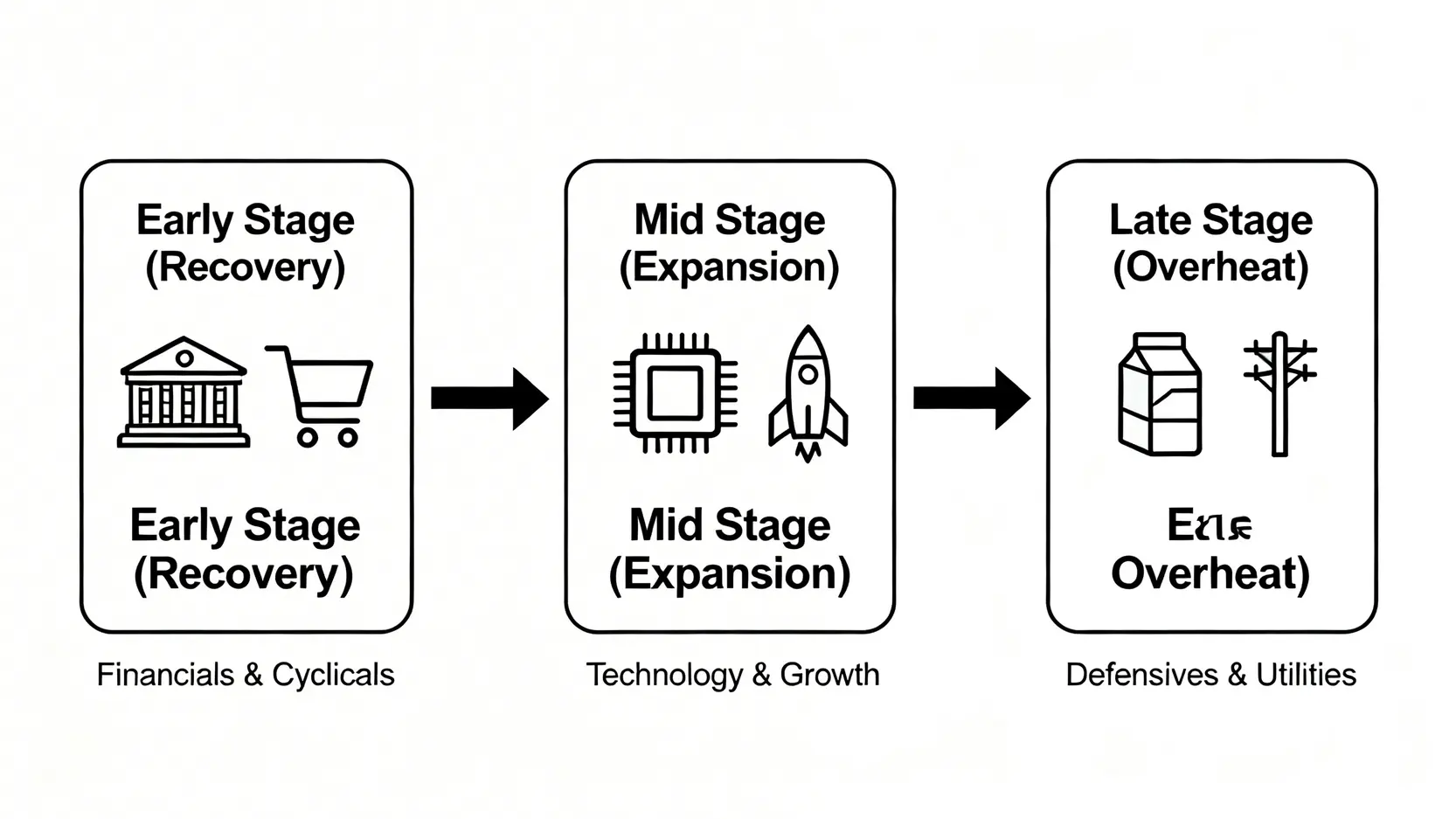 一張說明牛市三階段資產輪動策略的流程圖,從初升段的金融股到主升段的科技股,再到末升段的防禦股。