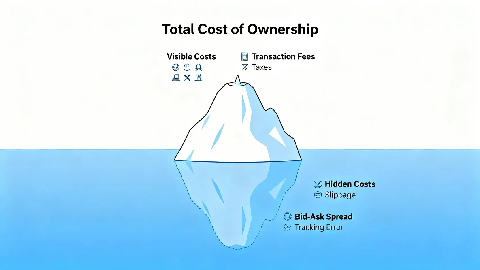 總持有成本冰山模型圖,顯示可見的交易手續費和稅費只是冰山一角,而水面下的滑價、買賣價差和追蹤誤差等隱藏成本佔了絕大部分。
