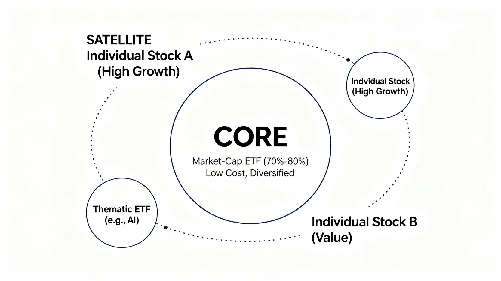 核心-衛星投資策略示意圖。中心是一個大的核心資產,如市值型ETF,周圍環繞著幾個較小的衛星資產,如個股或主題型ETF。