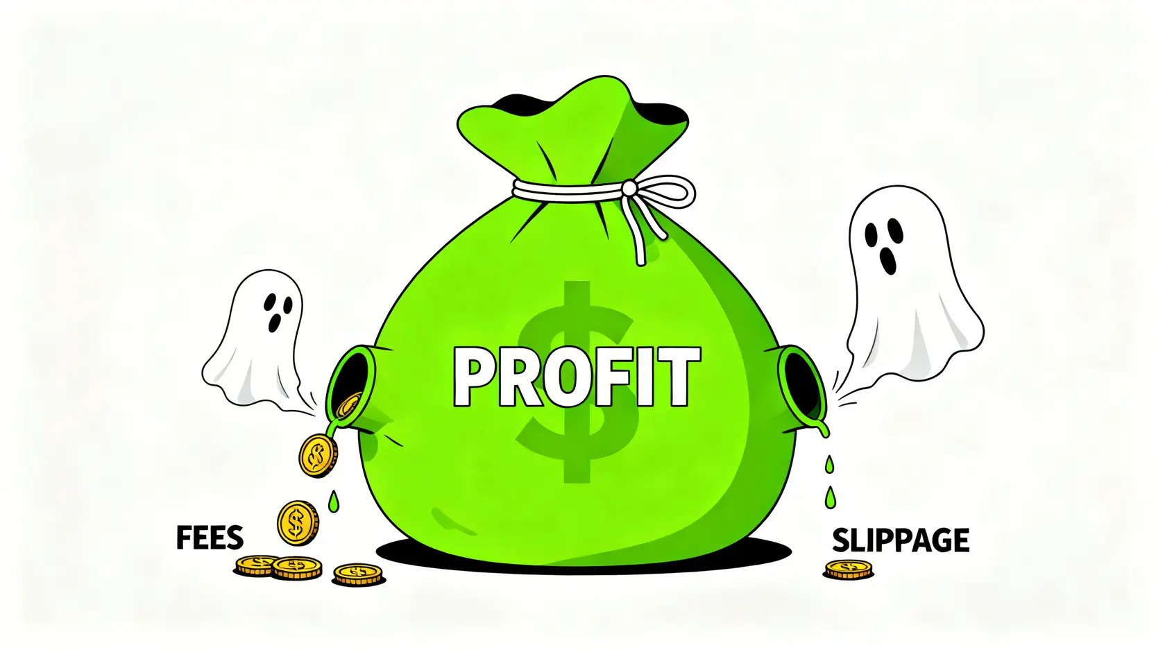 一張概念圖,顯示一個標有「利潤」的錢袋,因為「手續費」和「交易滑點」而洩漏,說明隱形成本如何侵蝕投資回報。