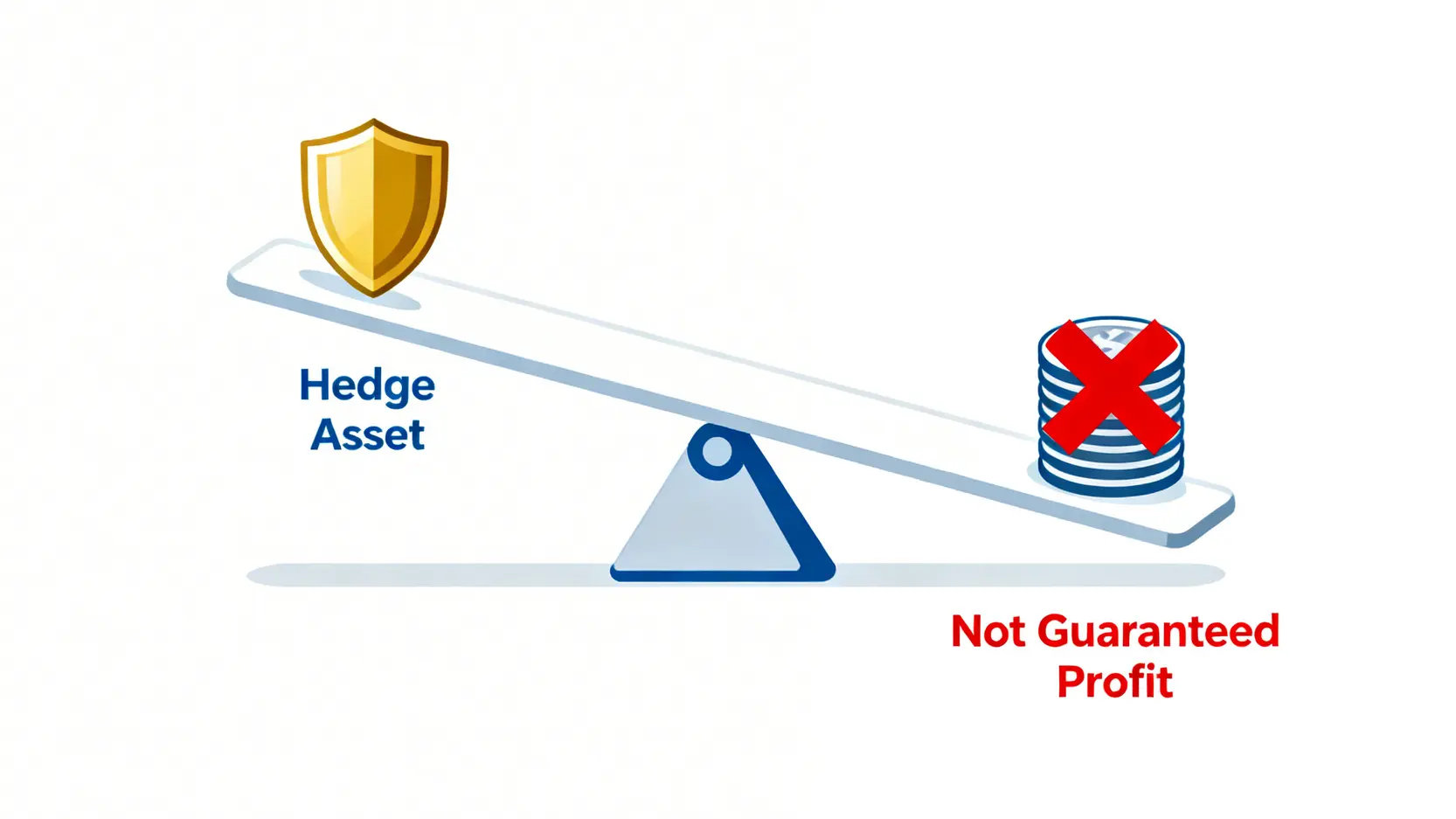 概念圖解說避險資產不等於穩賺不賠,以蹺蹺板圖示黃金的保值功能與非保證獲利的特性。