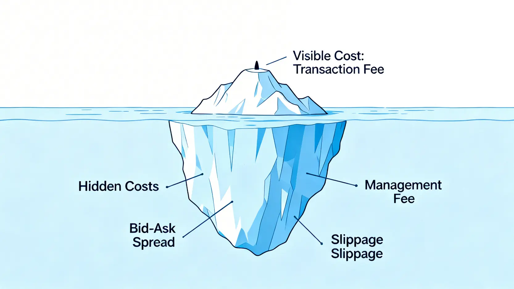 總持有成本的冰山圖,顯示手續費只是冰山一角,而價差、管理費等隱藏成本才是主體。