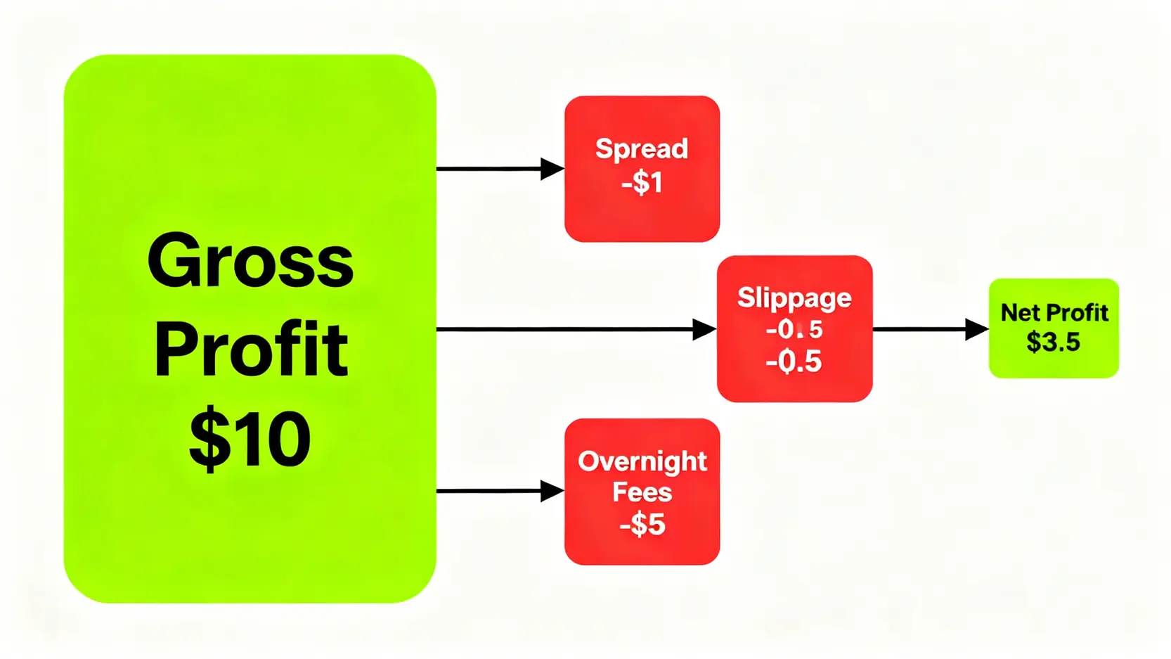 一張示意圖,展示一筆黃金交易的帳面利潤如何被買賣價差、滑點和隔夜利息等隱藏成本侵蝕,最終導致實際利潤大幅縮水。