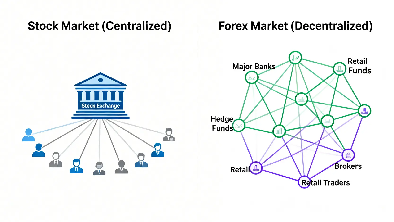 股票中心化市場與外匯去中心化市場的結構對比圖。