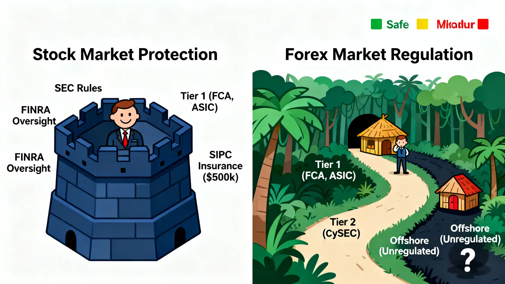 股票投資者保護與外匯經紀商監管環境的對比圖。