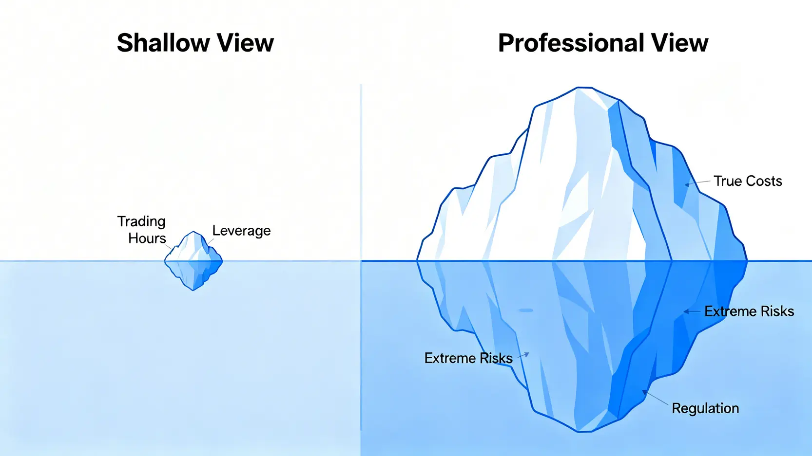 一張對比圖,說明業餘與專業人士在比較股票與外匯時的視角差異,前者只看見表面的交易時間與槓桿,後者則深入探討真實成本、極端風險與監管等深層問題。