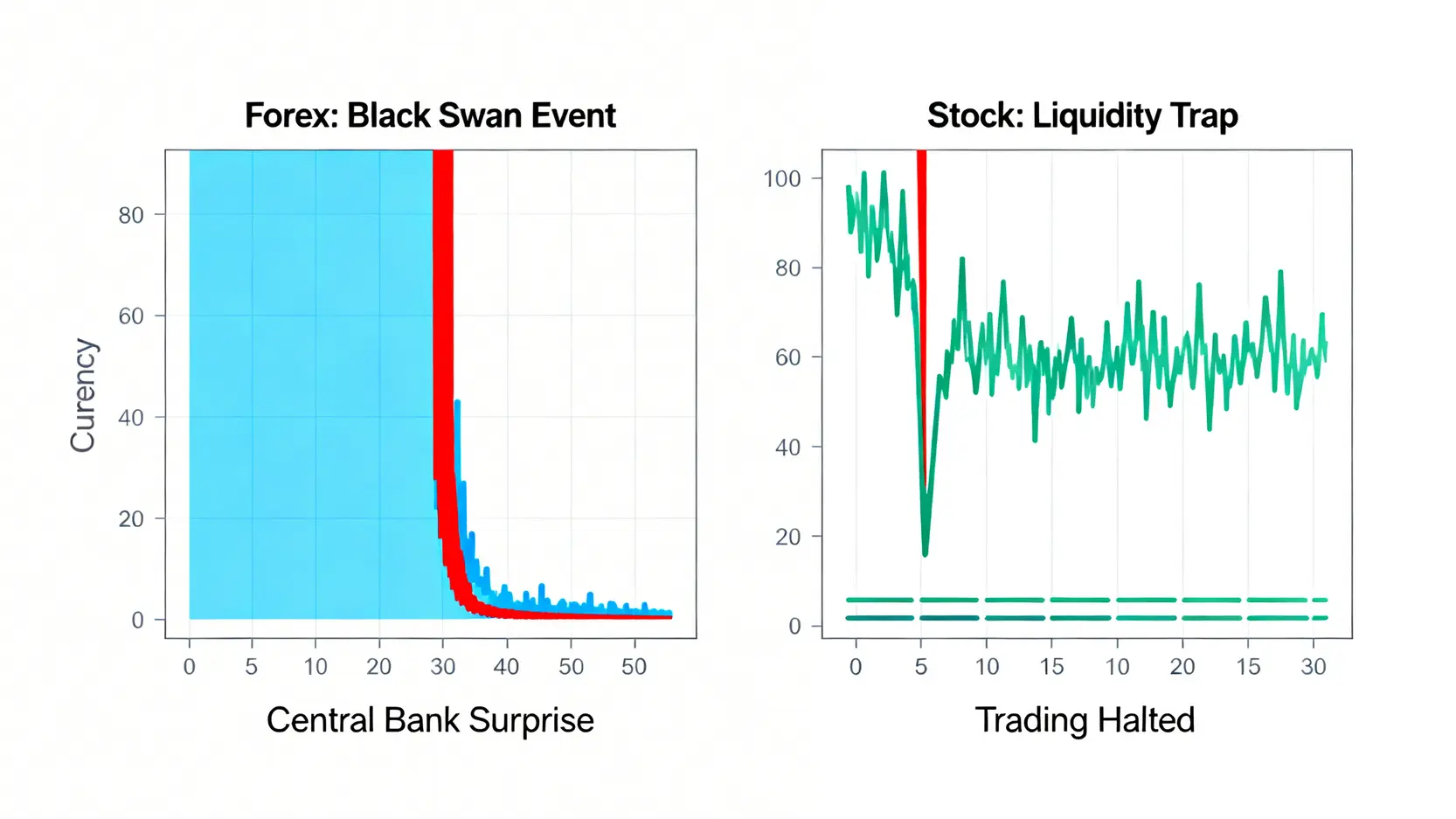 一張對比圖,展示外匯市場與股票市場的極端風險。左邊是外匯因央行突襲導致的「黑天鵝」式瞬間暴跌;右邊是股票因財報爆雷導致的連續跌停「流動性陷阱」。