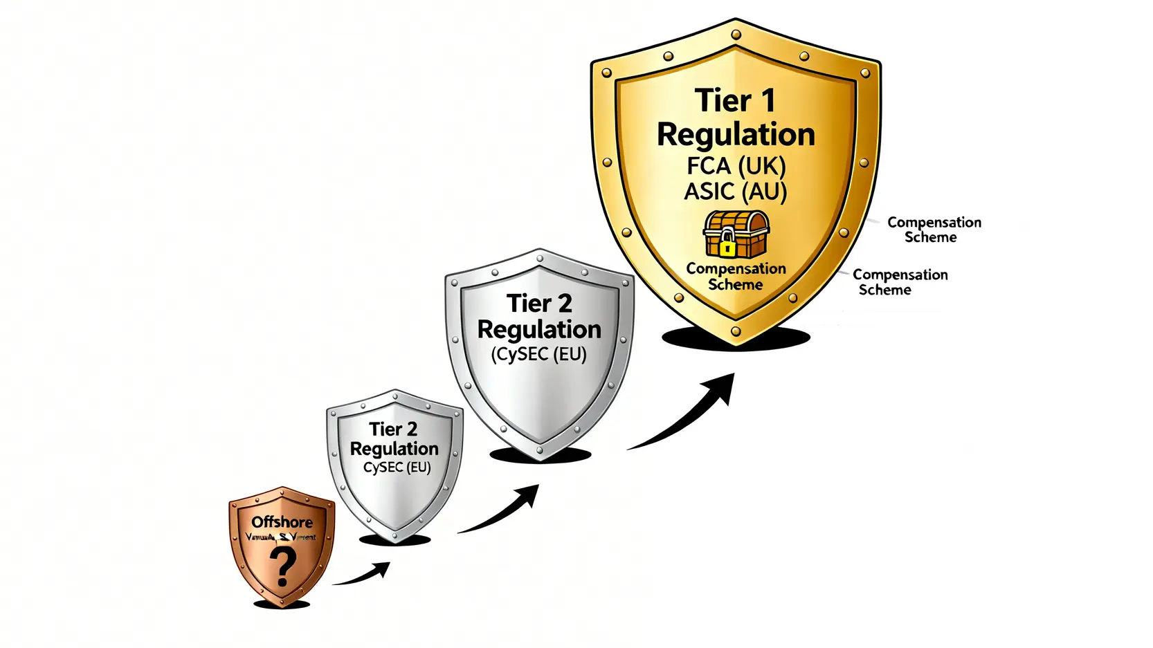 一張示意圖,展示不同金融監管機構的保護力層級,以金、銀、銅三層盾牌表示,頂級的FCA和ASIC提供包括賠償計劃在內的最高保護。