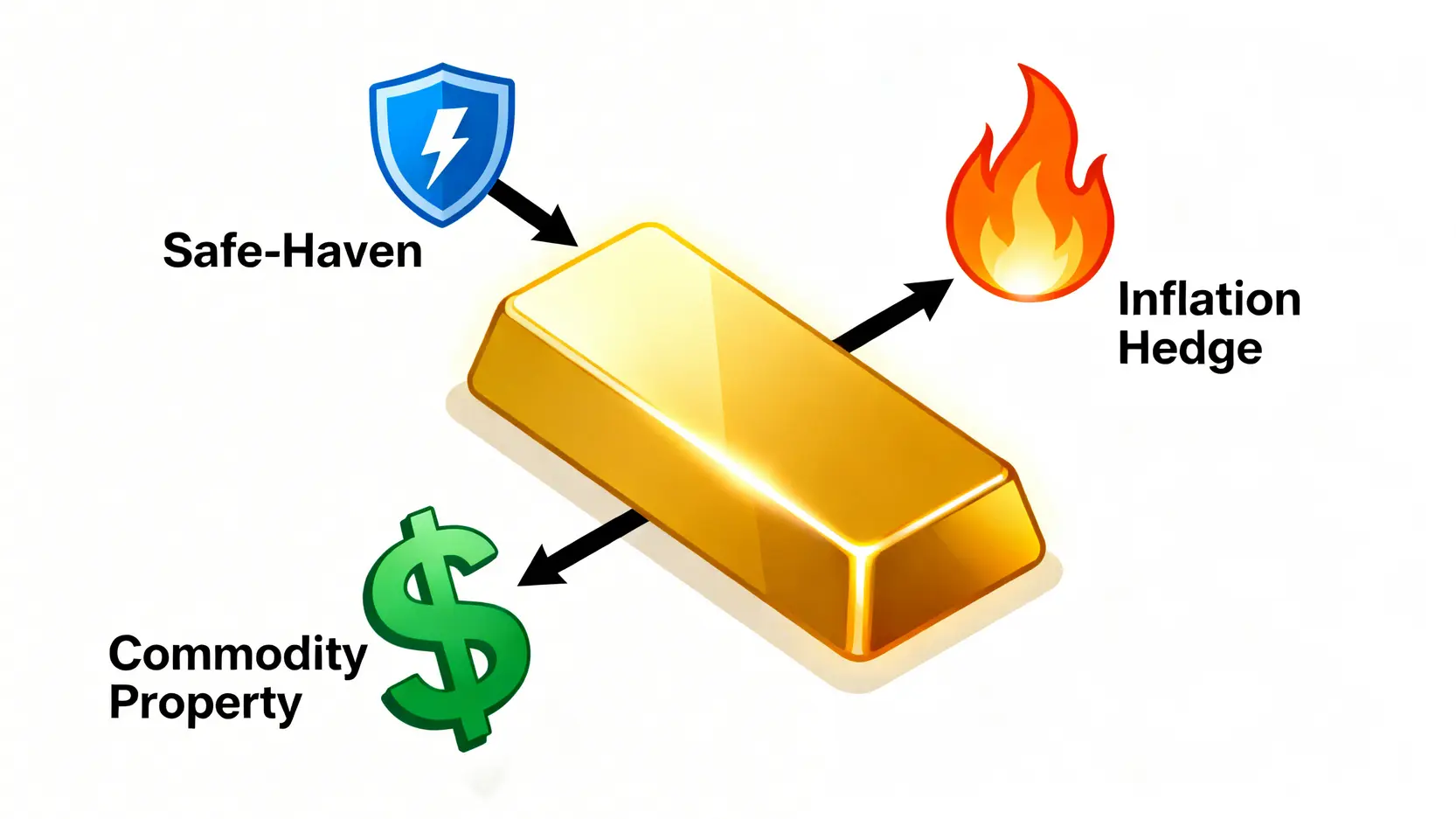 黃金的三種核心屬性示意圖,展示商品屬性、避險屬性與抗通膨屬性如何共同影響金價。