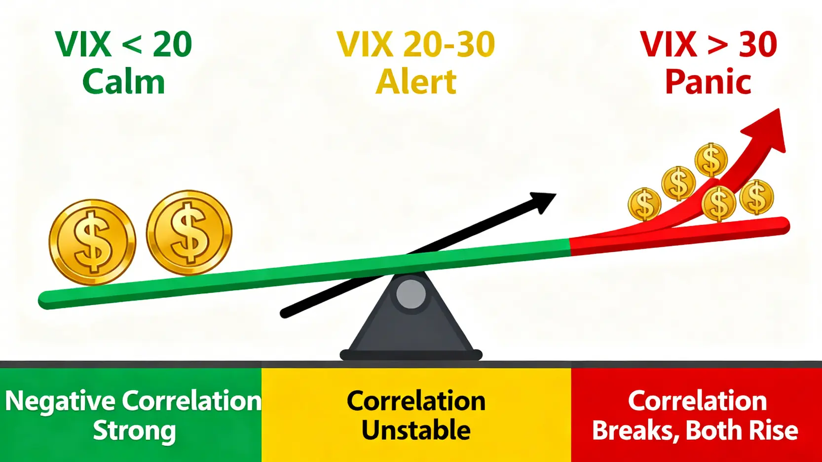 VIX恐慌指數與黃金美元關係圖,顯示VIX在不同數值區間(低於20、20-30、高於30)對兩者負相關性的影響。