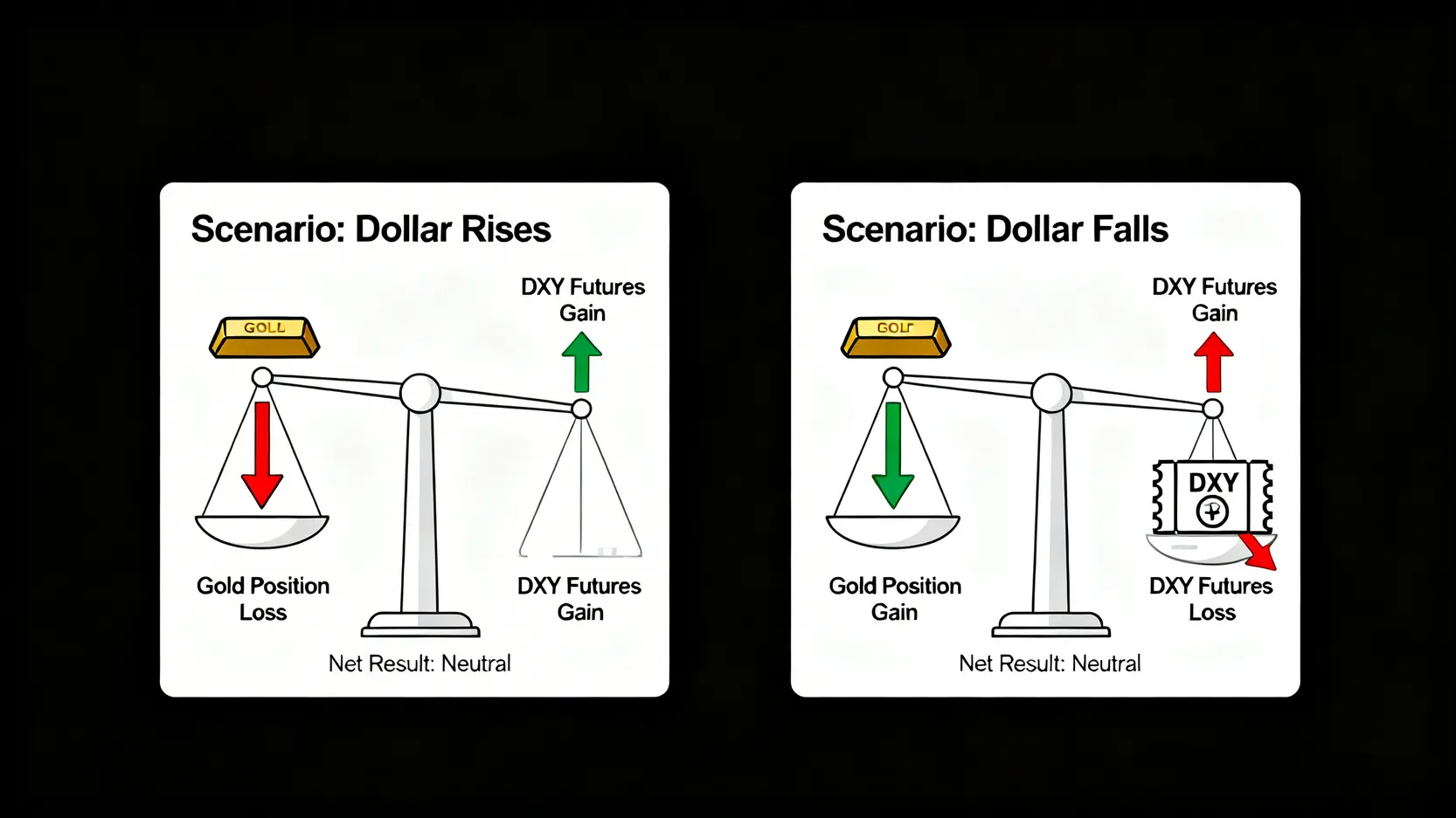 美元指數期貨對沖黃金部位風險的原理示意圖,展示美元上漲和下跌兩種情境下,損益如何被平衡。