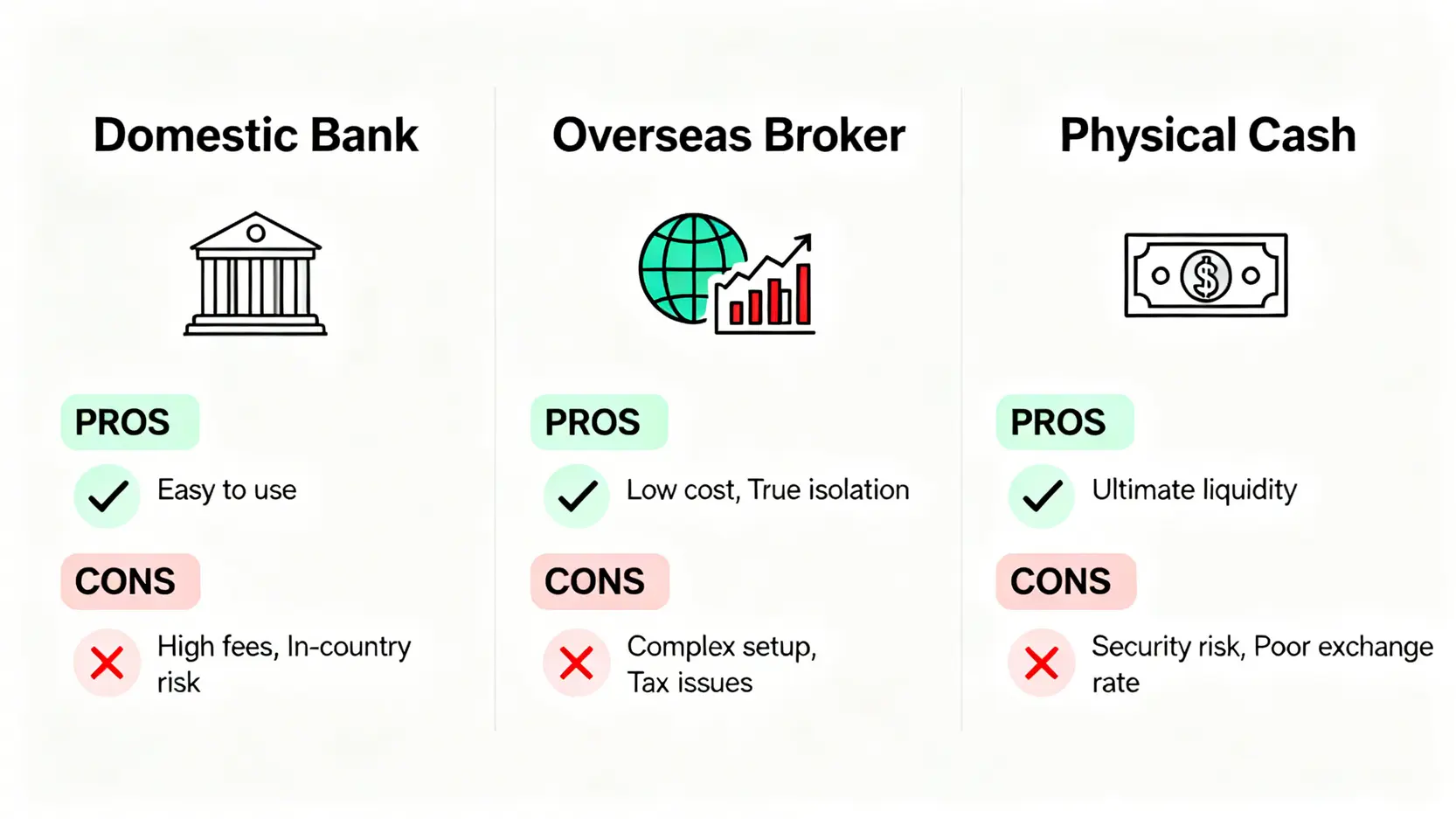 三種持有外幣方式的優缺點對比圖:國內銀行、海外券商、與實體現鈔。