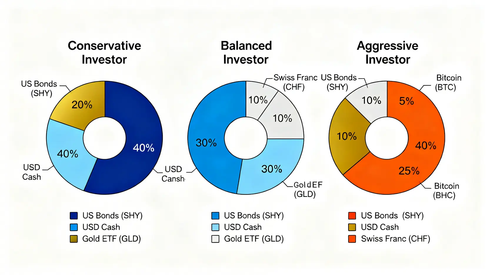 三種風險承受度的避險資產配置比例圖:保守型、穩健型與積極型。