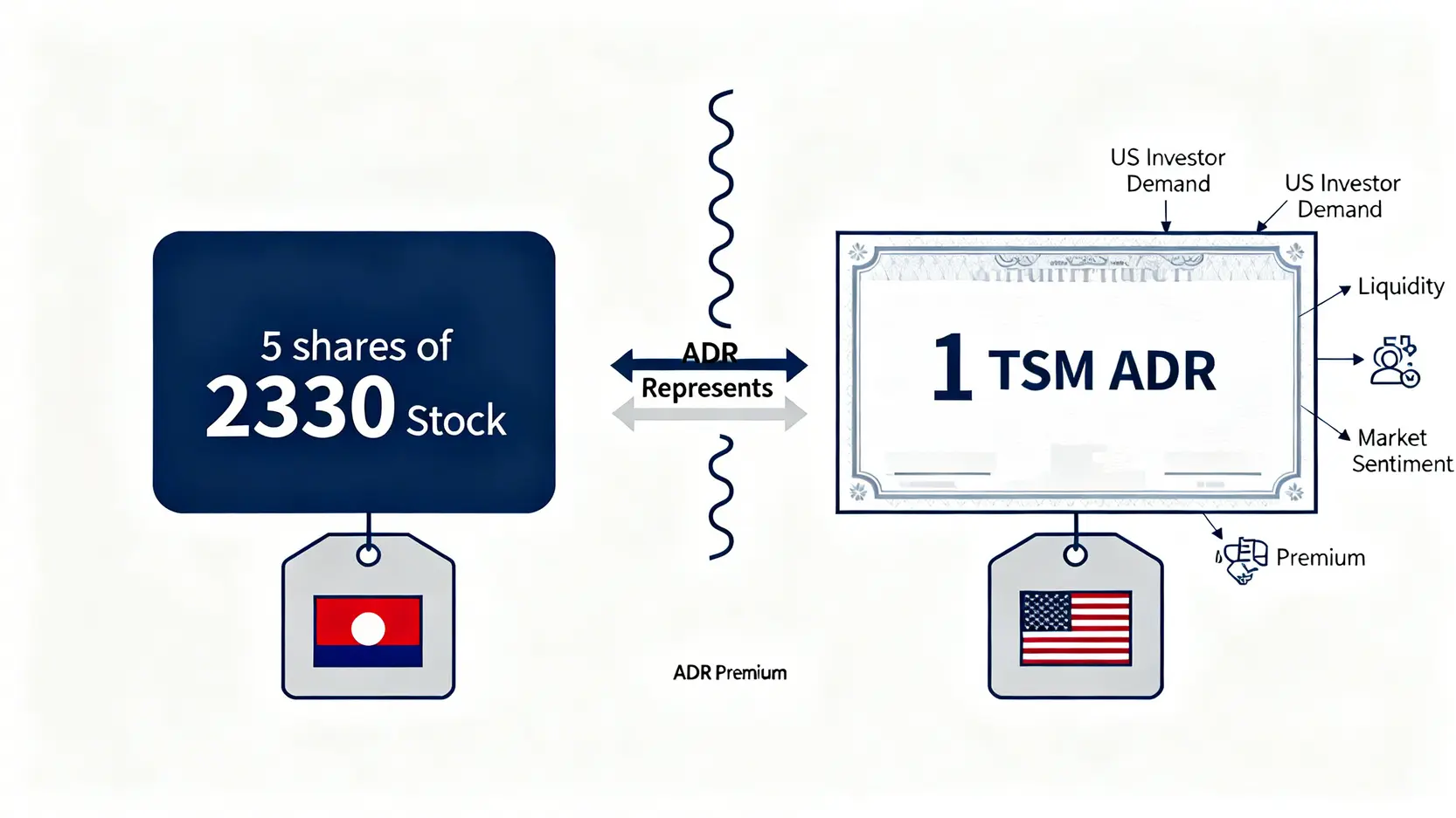 概念示意圖,解釋台積電台股與ADR之間的溢價關係。