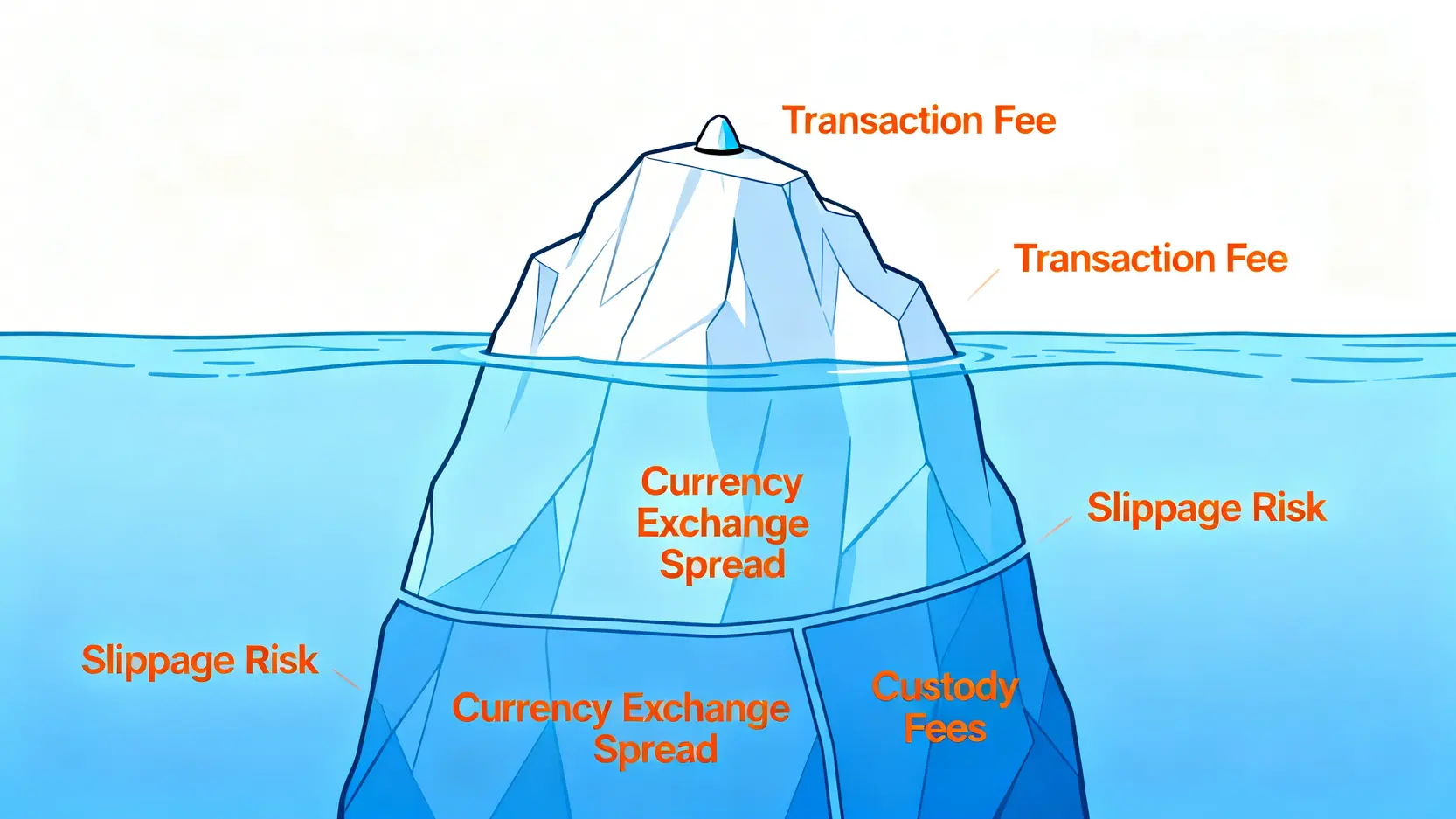 投資總成本冰山圖,顯示可見的手續費只是小部分,而水面下隱藏著滑價、匯差與持有成本等更龐大的費用。