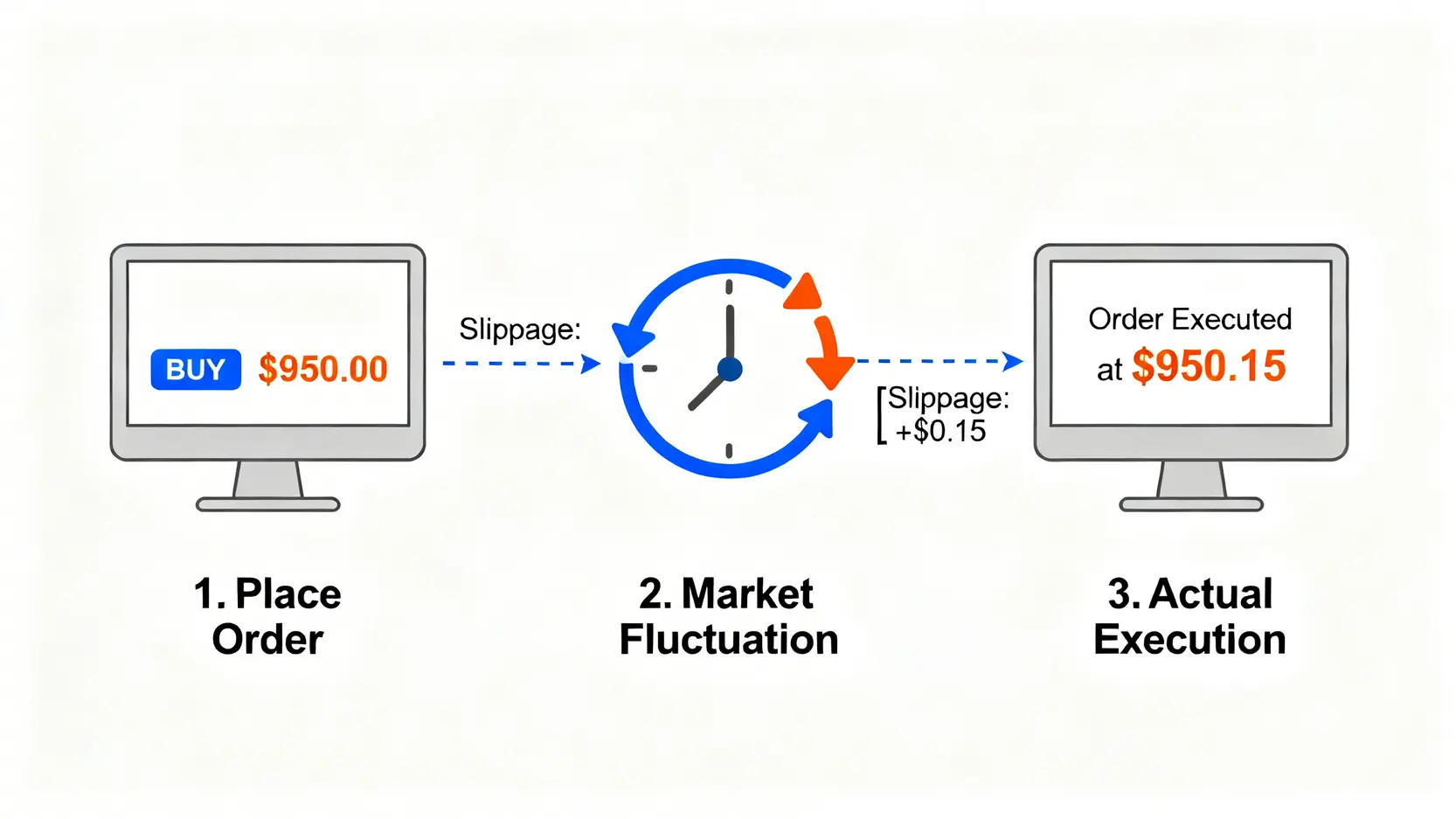 交易滑價風險示意圖,展示了從下單時的價格到實際成交價格之間因市場延遲和波動而產生的差異。