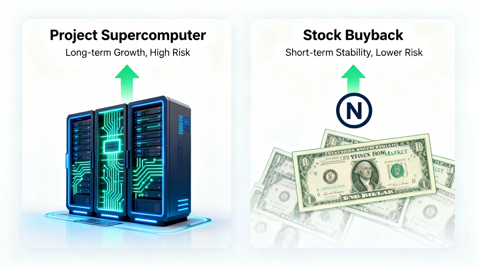 一張對比圖,比較輝達將資金用於投資超級電腦的長期高風險策略與執行股票回購的短期穩定策略。