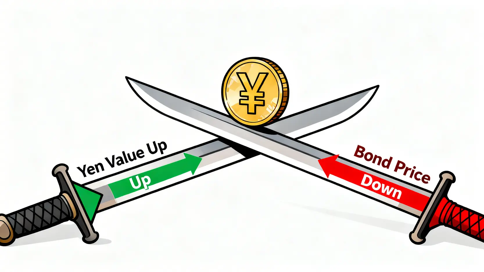 升息對日圓投資的雙面刃效應示意圖,顯示日圓升值與債券價格下跌的對比。