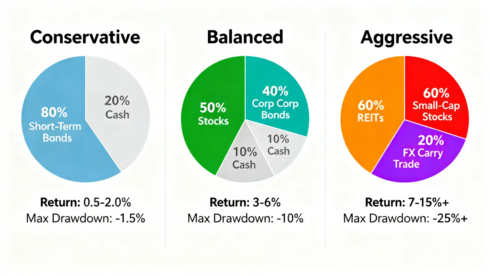 三種日圓投資策略藍圖對比圖,包含保守型、平衡型和積極型的資產配置與風險回報。