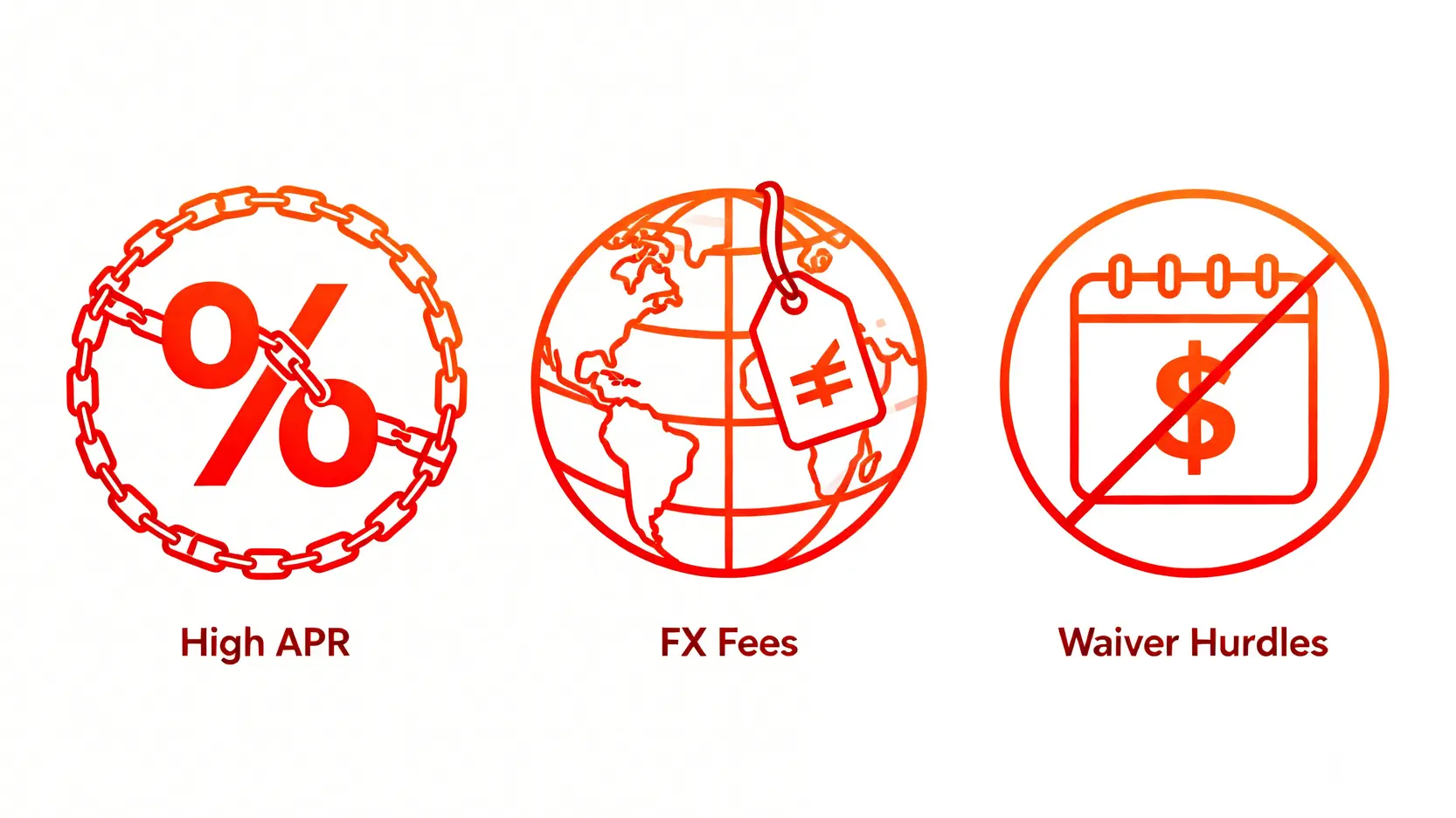 三個信用卡費用陷阱的圖示:高年化利率、海外交易手續費、年費減免條件。