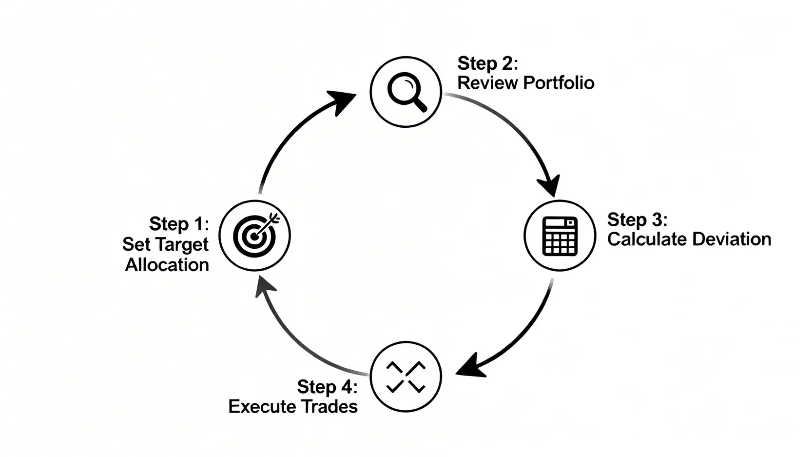 資產配置再平衡的四步驟循環流程圖,包含設定目標、定期檢視、計算偏移和執行交易。