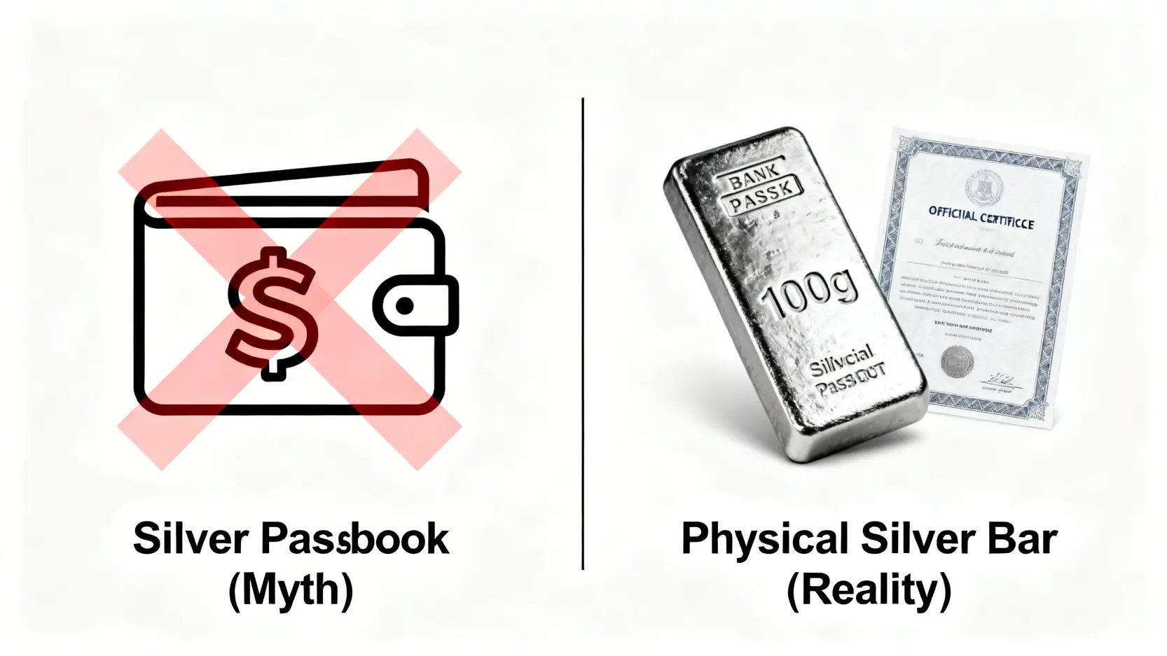 一張對比圖,左邊是被打叉的白銀存摺,代表迷思;右邊是實體銀條與證書,代表能在台灣銀行買到的真實產品。