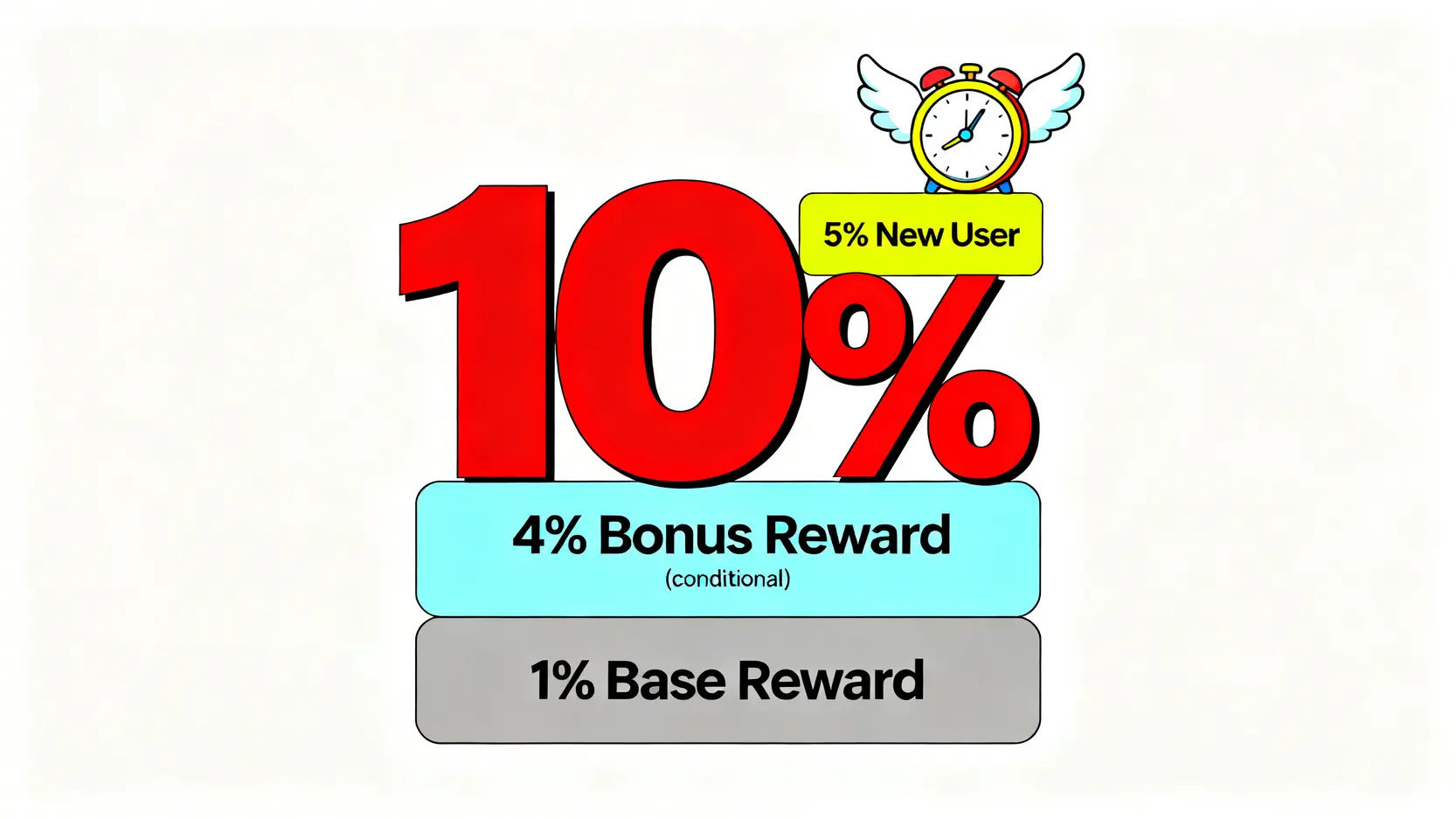 信用卡最高回饋率陷阱的圖解,顯示10%回饋是由基礎回饋、通路加碼和有時效性的新戶禮組成。