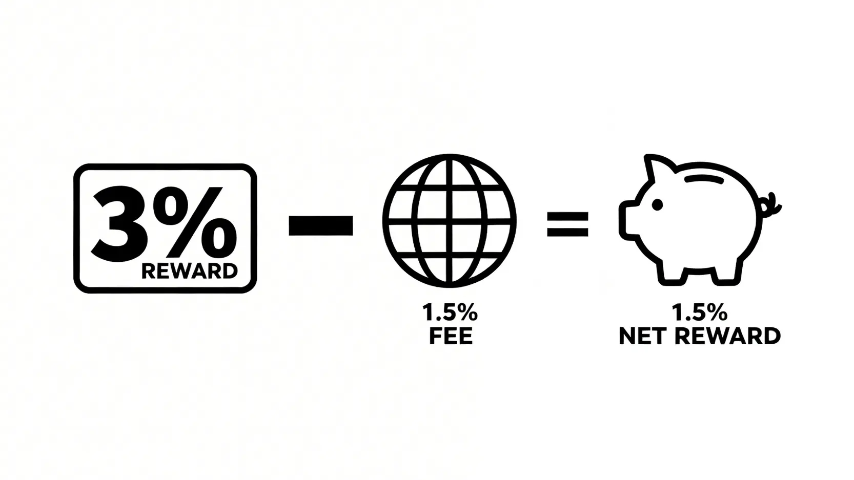 海外消費淨回饋計算公式圖,顯示3%回饋扣除1.5%手續費後,實際收益為1.5%。