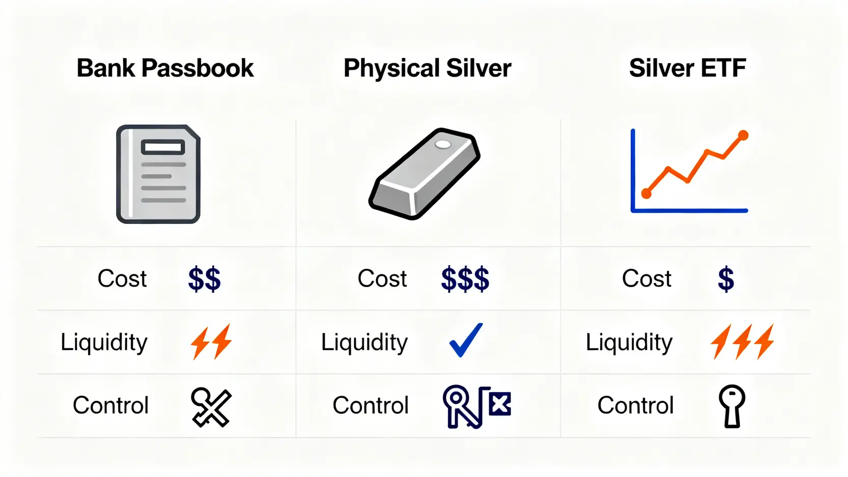 一張對比圖,比較台灣銀行白銀存摺、實體白銀和白銀ETF在成本、流動性與掌控權三個維度的優劣。