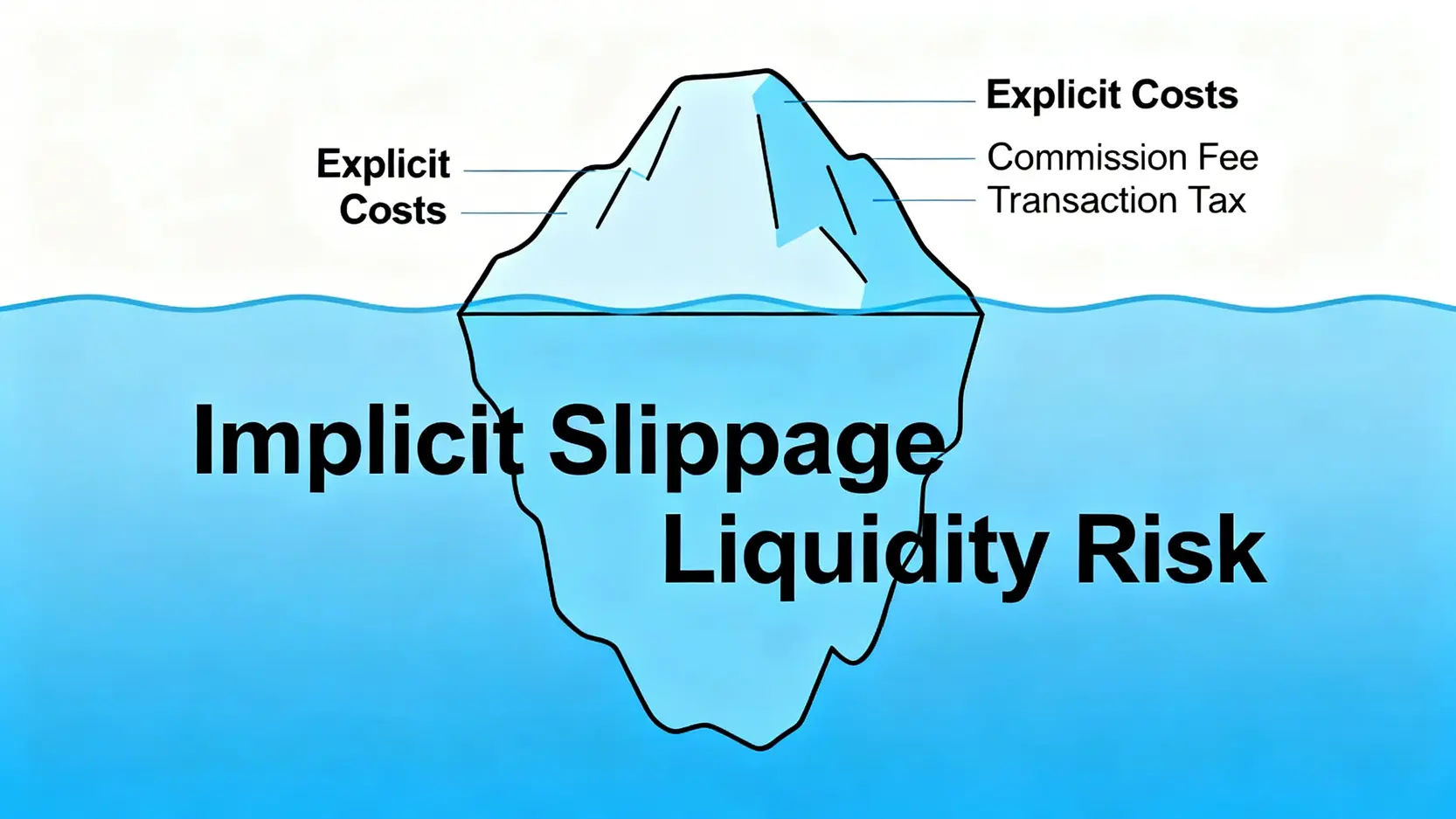 一張圖表解釋股票的總交易成本,將其比喻為一座冰山,可見的顯性成本(手續費、證交稅)僅為冰山一角,而水下看不見的隱性成本(滑價、流動性風險)才是更大部分。