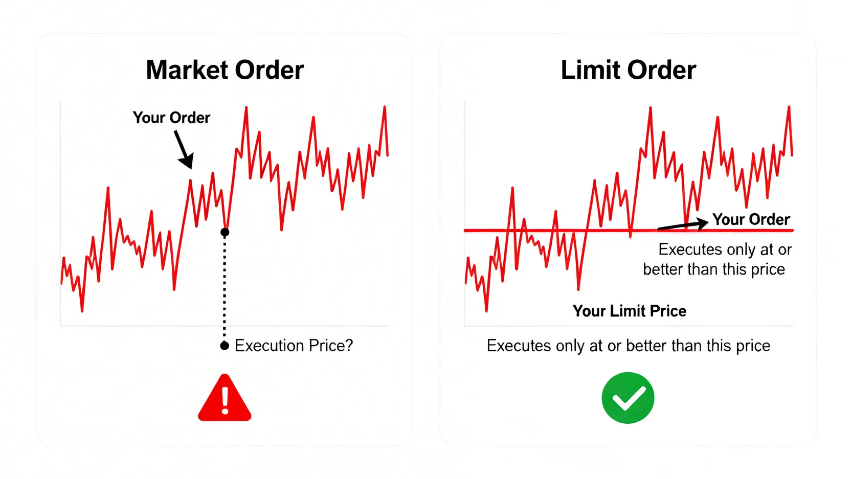 一張對比圖解釋市價單與限價單的區別。左側市價單顯示在波動市場中,成交價可能遠低於預期,具高風險;右側限價單顯示成交價被鎖定在設定的價格,更安全可控。