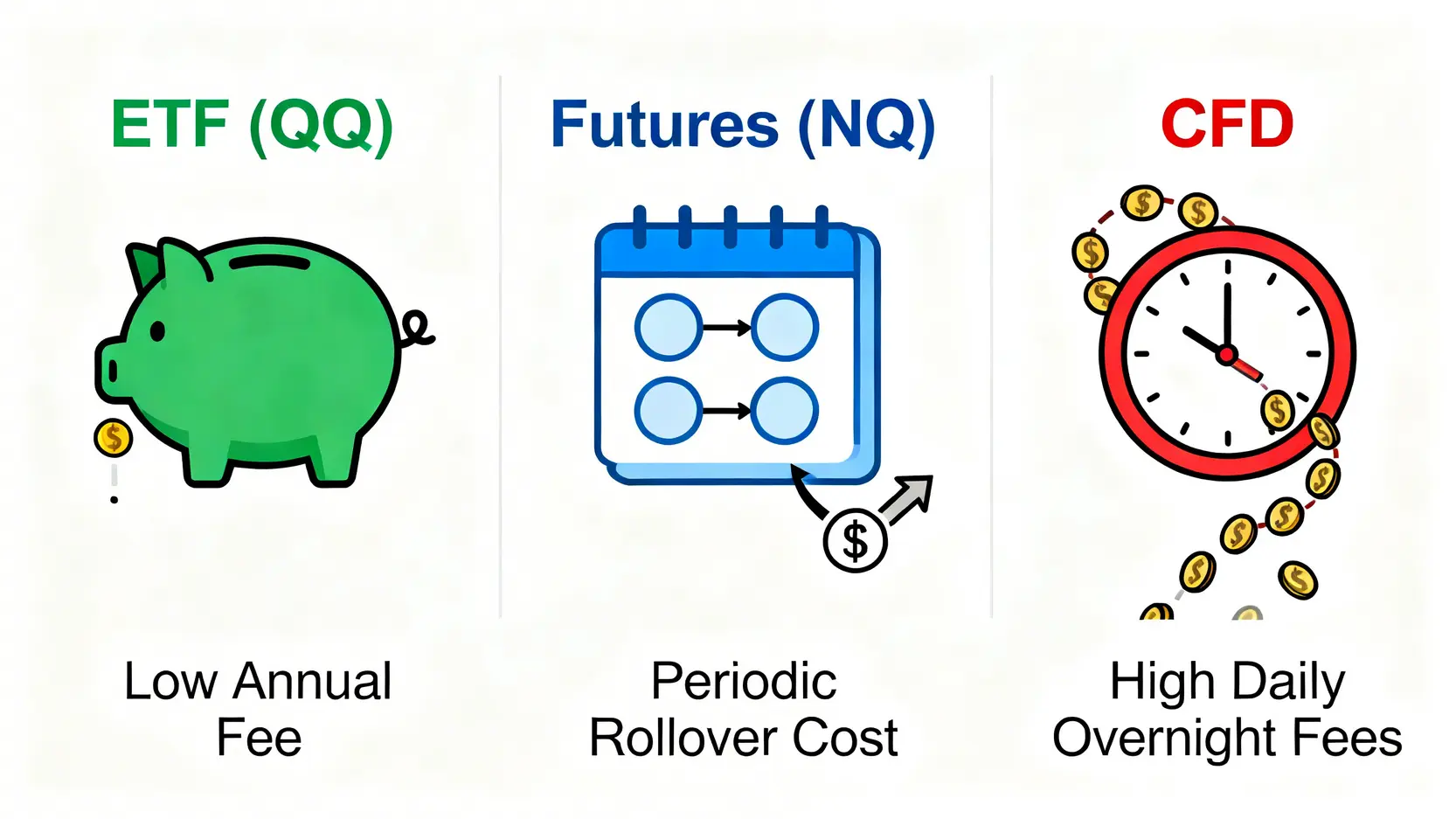 比較ETF、期貨和CFD三種金融工具的長期持有成本結構圖。