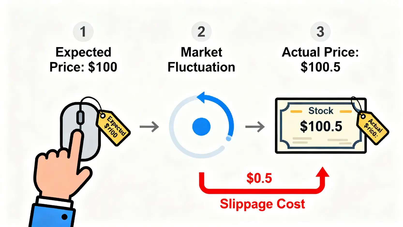 一張圖解釋什麼是滑價,顯示預期成交價100元與實際成交價100.5元之間的差異,這個差異就是滑價成本。