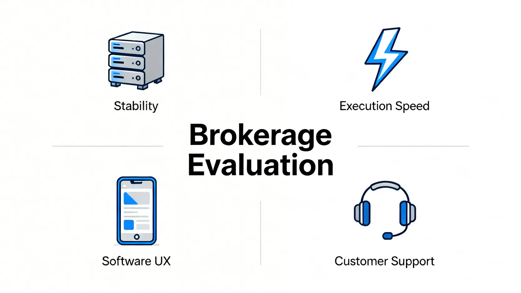 評估券商的四大維度圖,包含穩定性(伺服器圖示)、下單速度(閃電圖示)、軟體體驗(手機圖示)與客戶服務(耳機圖示)。
