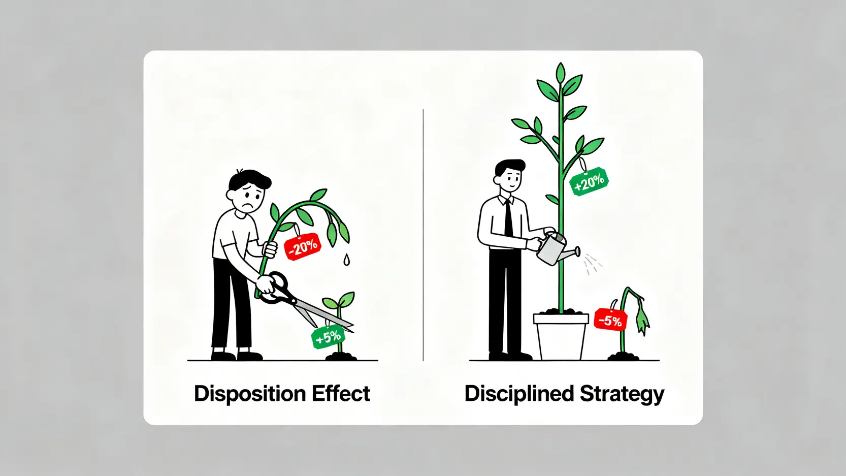 一張圖解釋處置效應,左邊顯示投資者賣掉上漲的股票卻抱緊虧損的股票,右邊顯示理性的投資者賣掉虧損股並讓獲利股繼續成長。