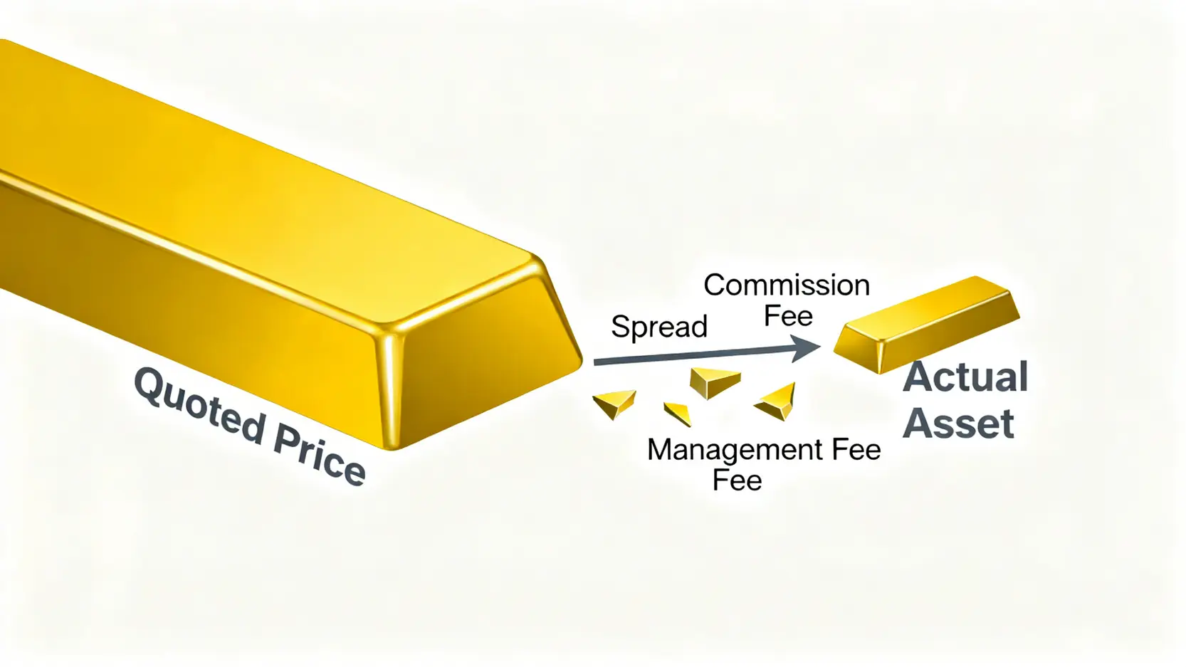 黃金投資的總持有成本示意圖,顯示牌價經過價差、手續費和管理費侵蝕後,成為實際資產的過程。