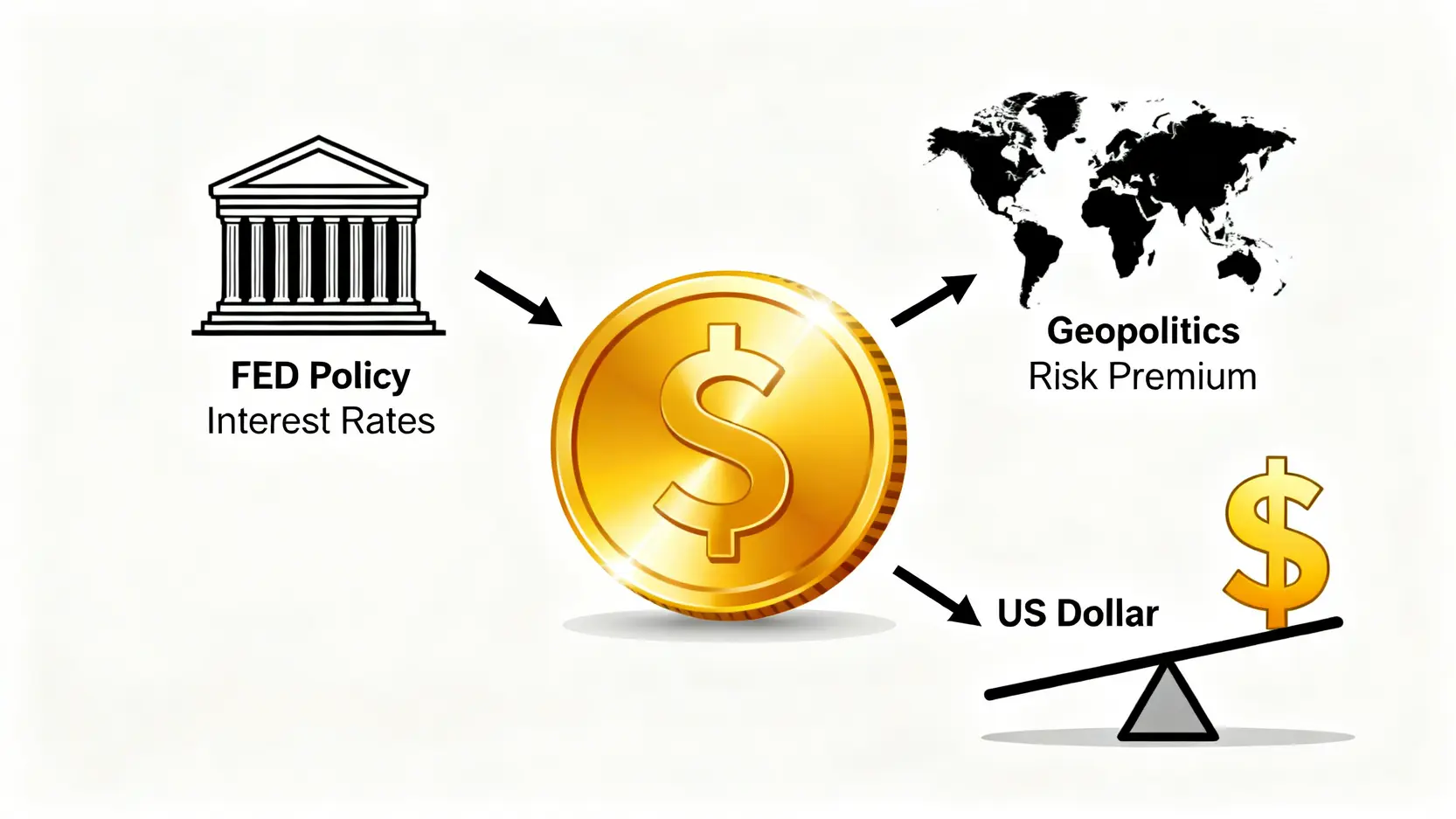 影響黃金價格的三大宏觀因素示意圖,包括聯準會利率政策、地緣政治風險和美元指數的強弱。