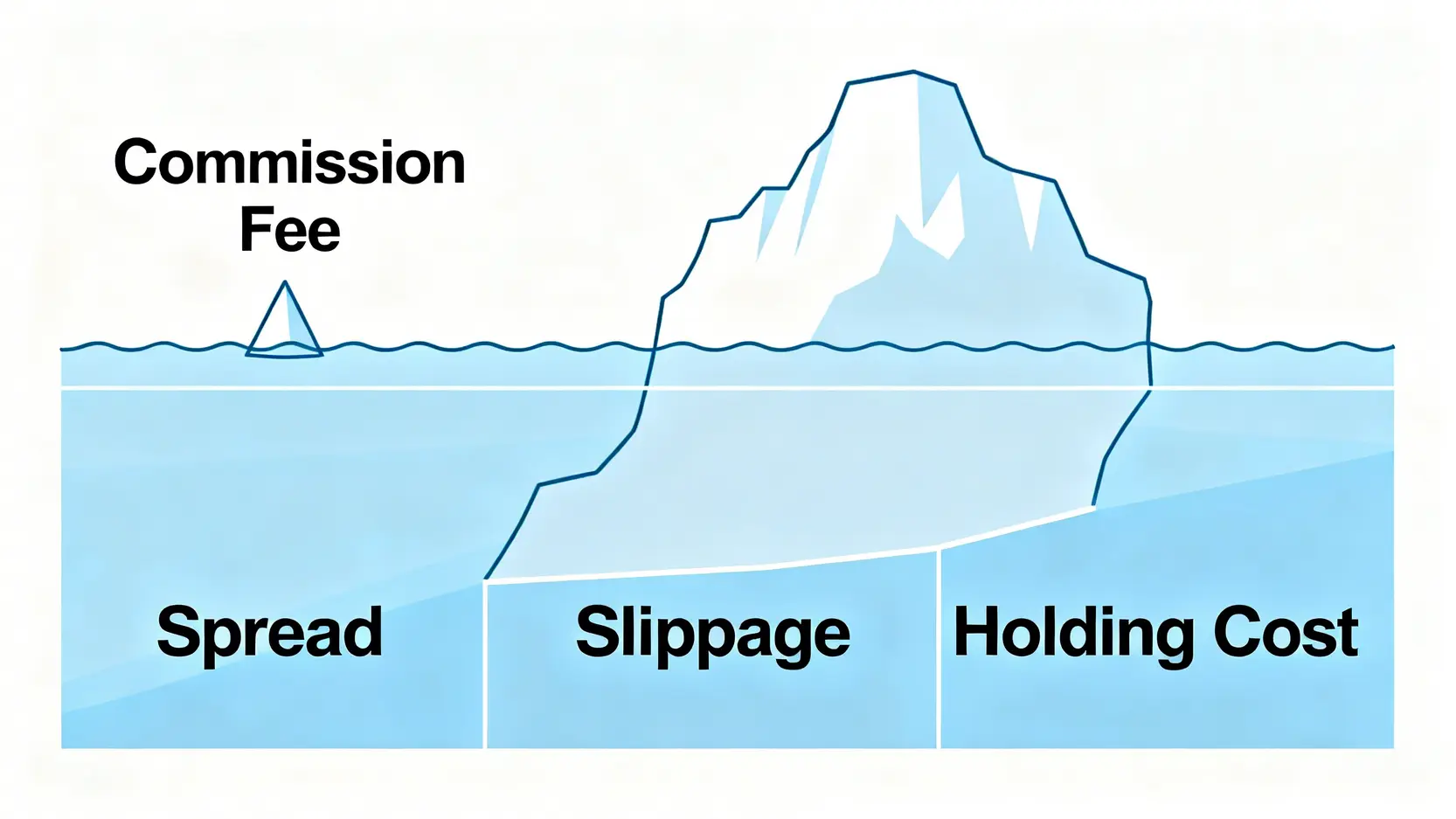 一張說明黃金投資交易成本的冰山圖,顯示手續費只是冰山一角,而水面下的買賣價差、滑價和持有成本才是更大的隱形成本。