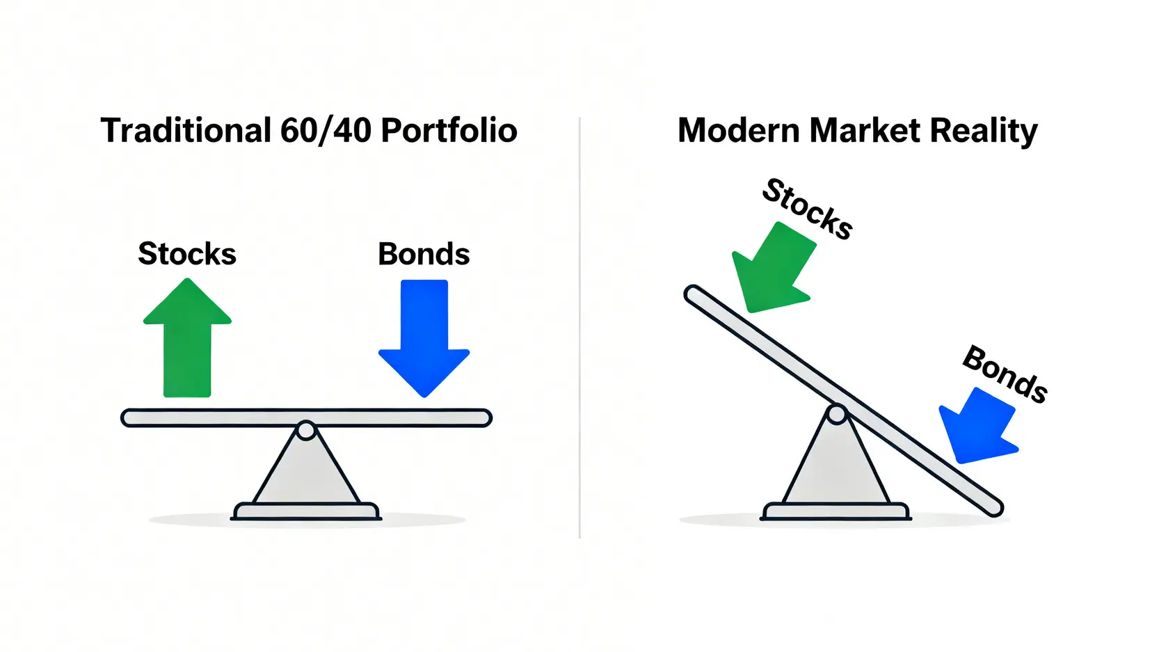 一張對比圖，展示了傳統股六債四投資組合的失效。左邊是過去股漲債跌的平衡狀態，右邊是現在股債同步下跌的『股債雙殺』情境。