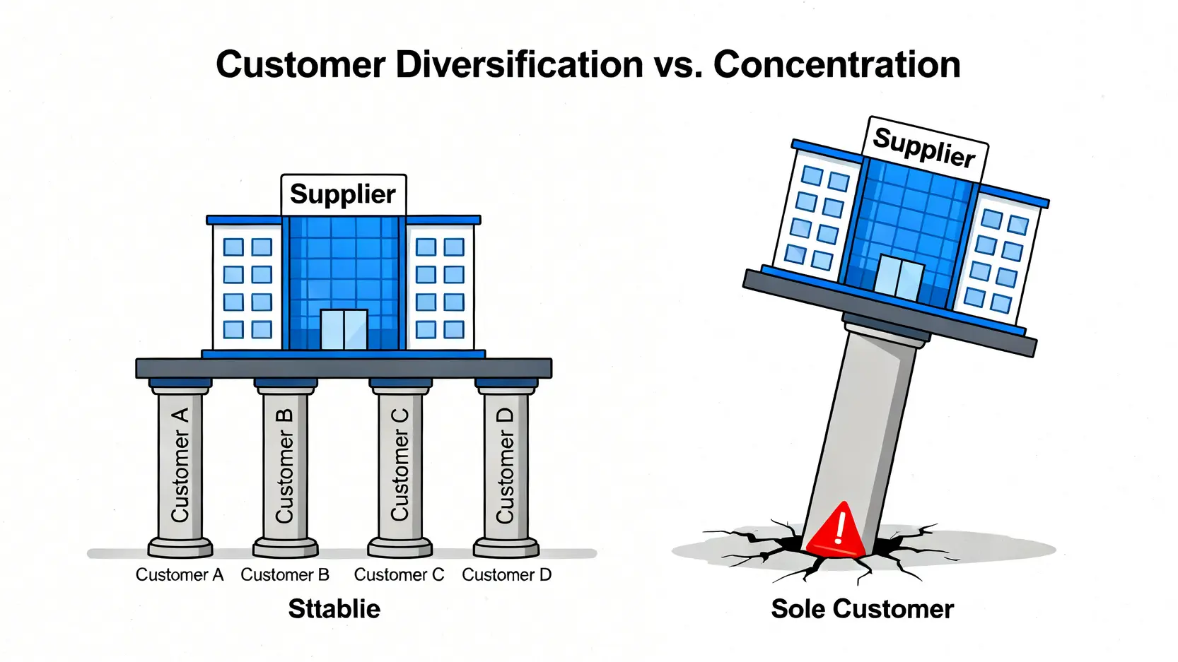 一張對比圖,說明客戶集中度的風險。左側是擁有多個客戶的穩定供應商,右側是僅依賴單一客戶的脆弱供應商。