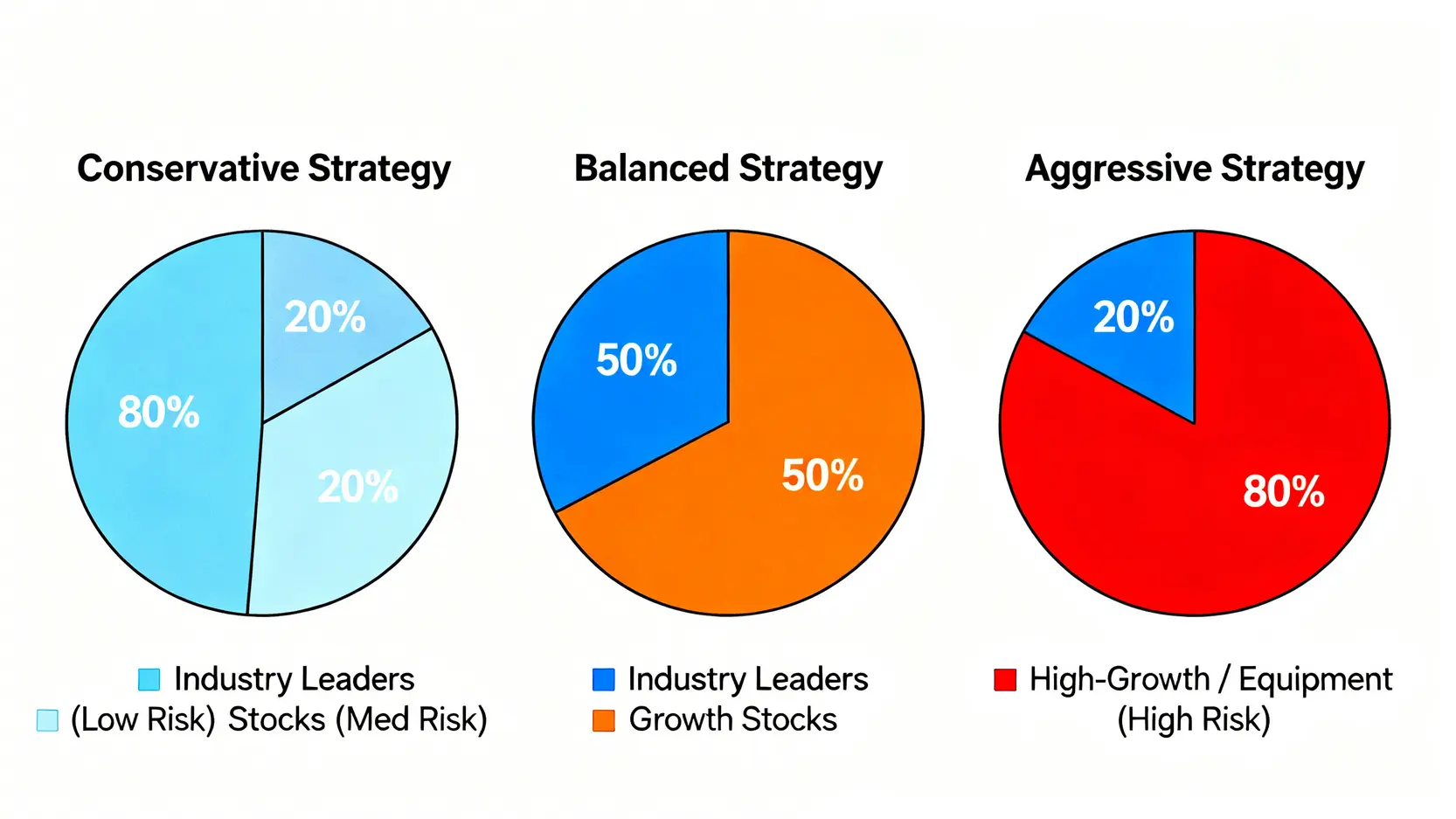 三種投資組合策略的風險配置圖,分別為穩健型、平衡型與積極型,顯示不同風險等級股票的配置比例。